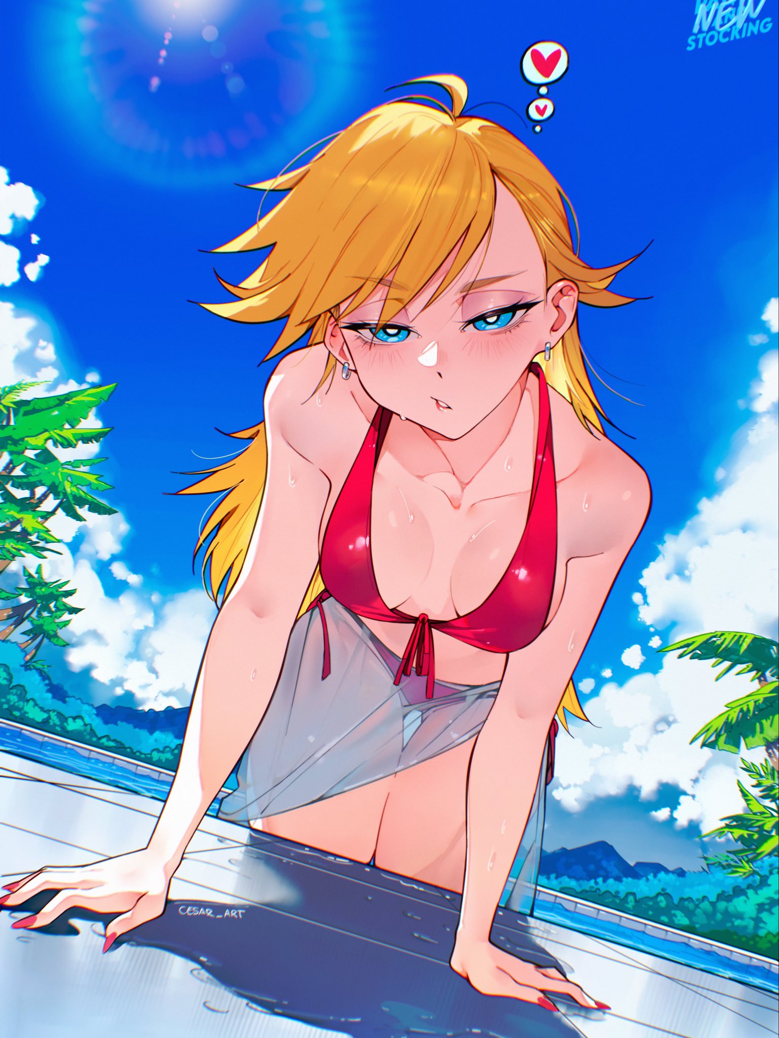 1girls, bangs, bare shoulders, bikini, blonde hair, blue eyes, blue nails, blue sky, blush, breasts, cesar art456, cleavage, cloud, collarbone, day, earrings, female, female only, fingernails, jewelry, lens flare, long hair, looking at viewer, nail polish, outdoors, palm tree, panty & stocking with garterbelt, panty anarchy, pink nails, red bikini, red nails, see-through, signature, sky, solo, swimsuit, tree, wet