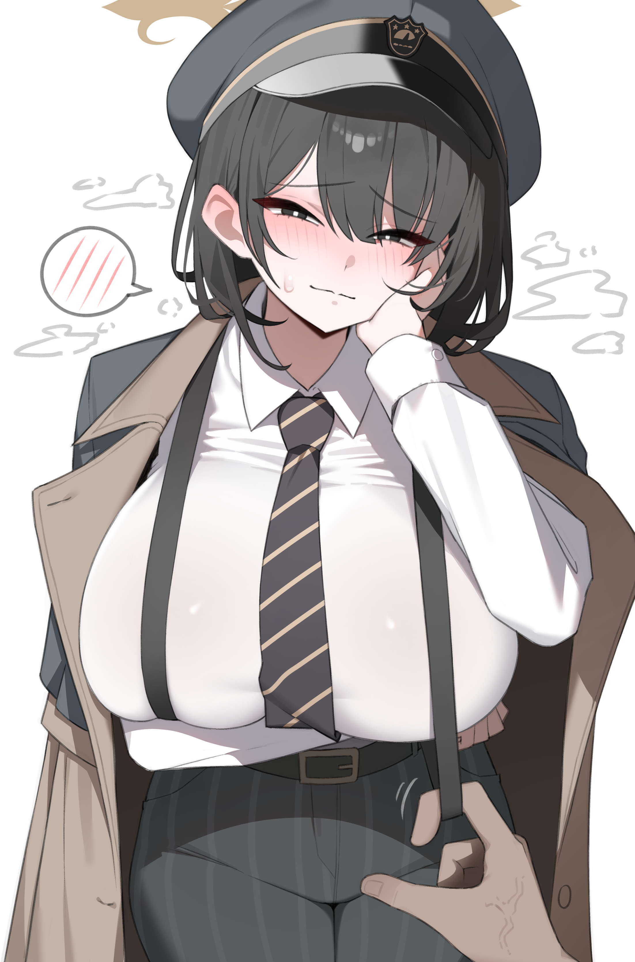 1boy1girl, 2025, 2d, big breasts, black hair, blue archive, blush, breasts, brown body, clothed, clothing, female, hi res, hiromi (blue archive), huge breasts, light skin, light-skinned female, male, male/female, pov, pov male, shadow, simple background, sweat, sweatdrop, thick thighs, thighs, touching face, white skin, yzr (yzr99)