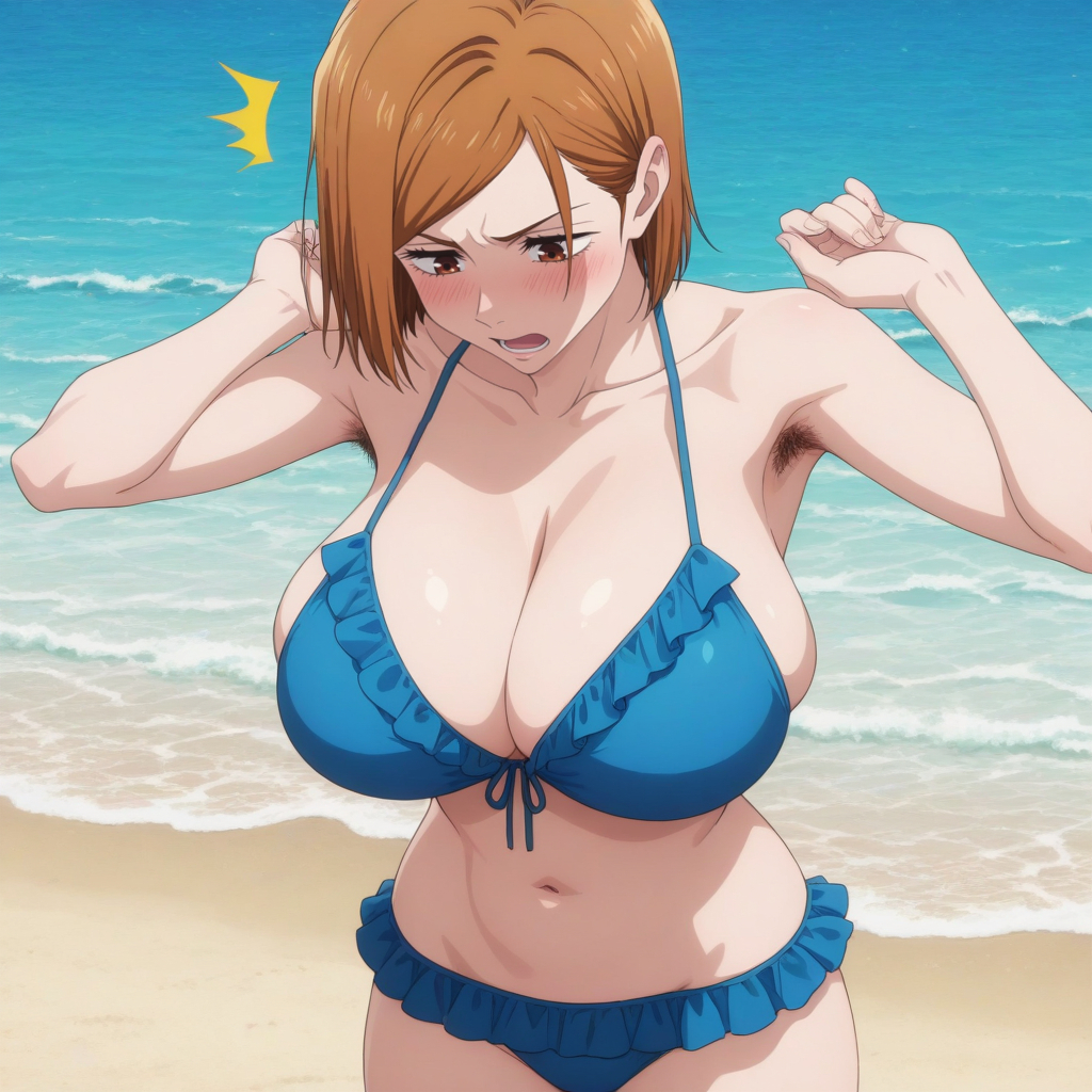 1girls, ai generated, armpit hair, bare thighs, beach, bikini, blush, breasts, brown eyes, brunette hair, female, female only, gigantic breasts, hairy armpits, huge breasts, huge thighs, jujutsu kaisen, kugisaki nobara, light skin, light-skinned female, massive breasts, short hair, solo, solo female, squatting, sweat, sweatdrop, thick body, thick female, thick thighs, thighs, voluptuous, voluptuous female