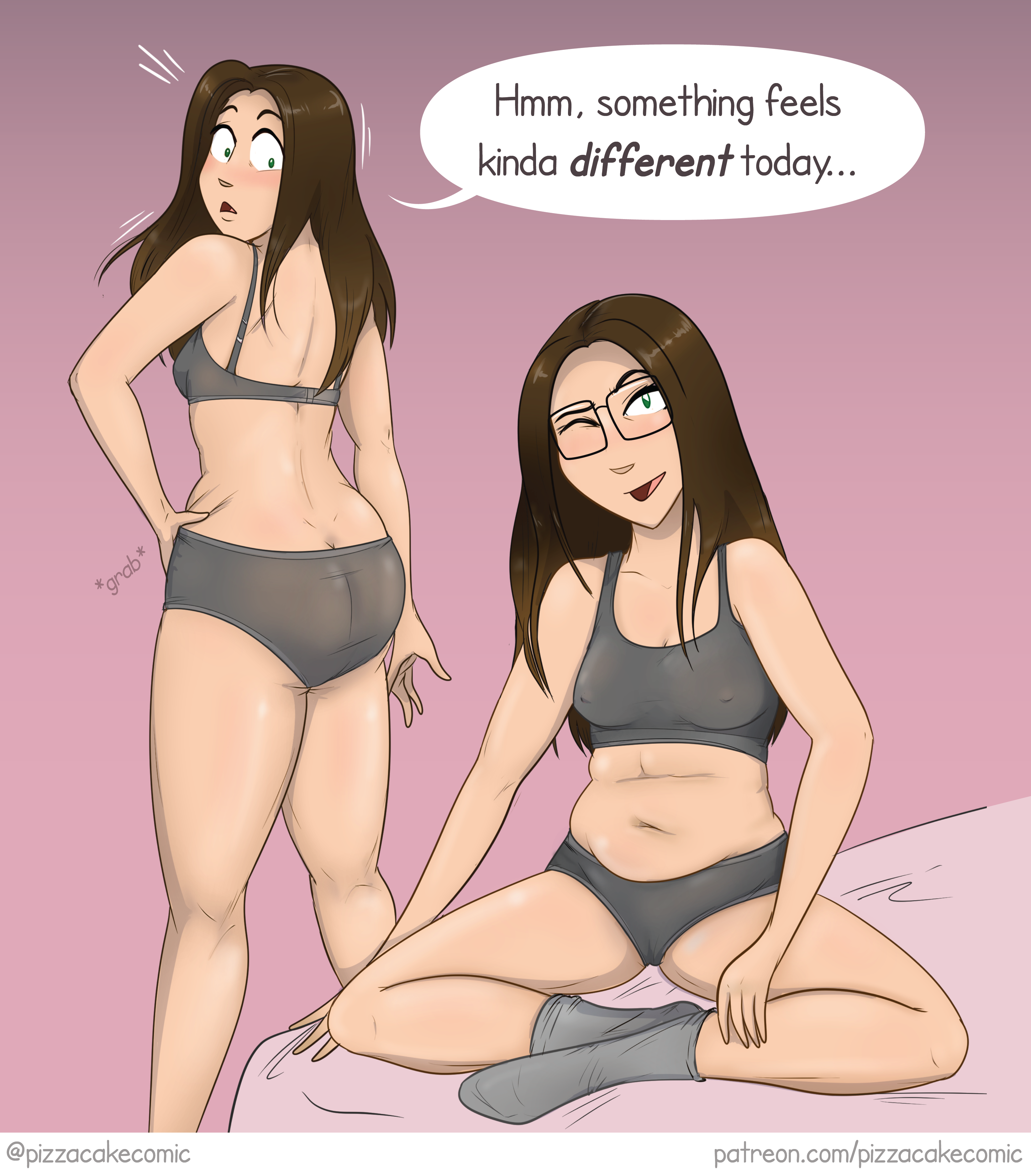 chubby, chubby female, ellen (pizzacakecomics), ellen woodbury, fat, fat ass, female, legs apart, official art, overweight, pinching, pizzacakecomics, sitting, solo, stomach rolls, underwear