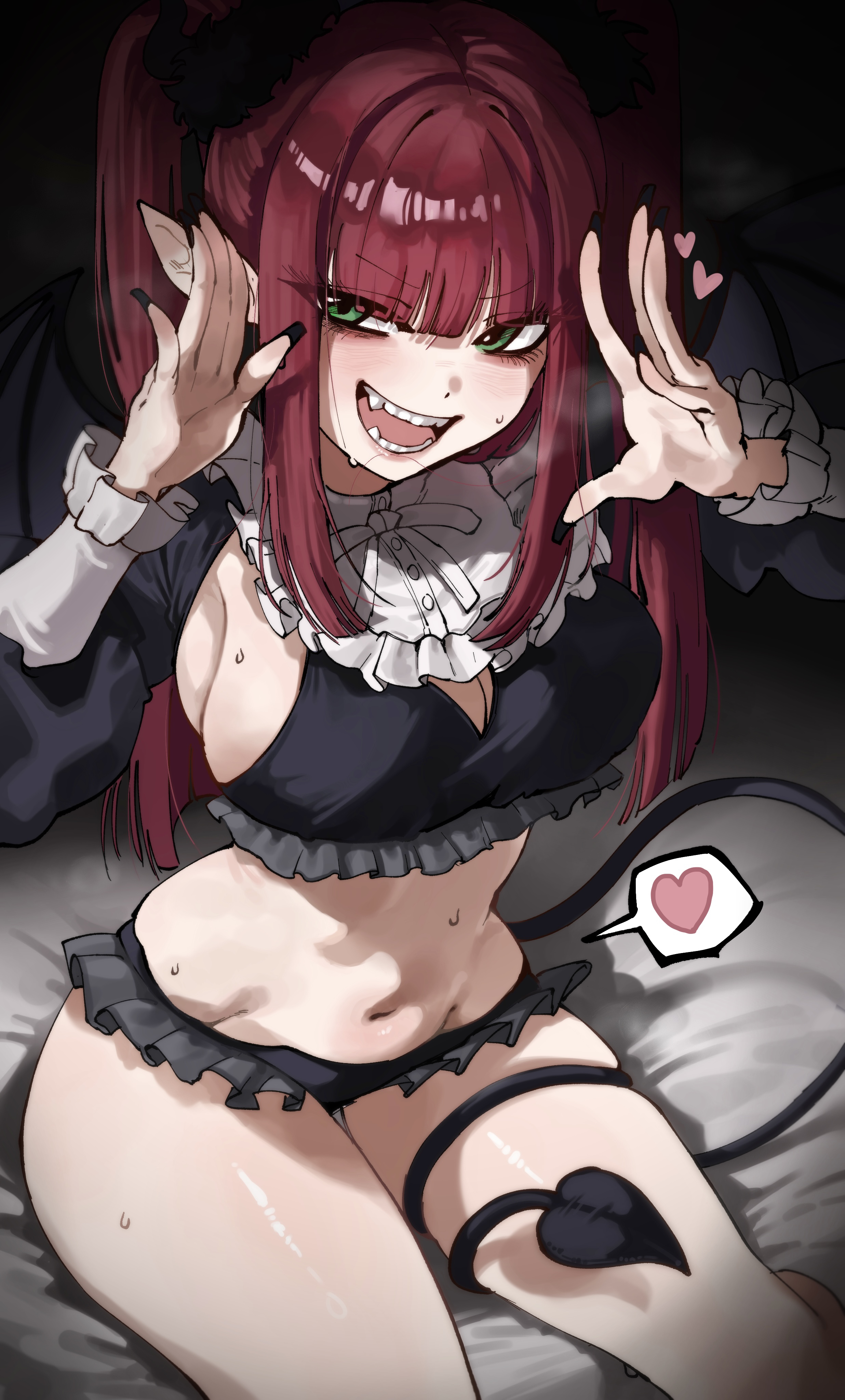 absurdres, bare legs, black bra, black nails, black panties, black shrug, bra, breasts, cleavage, commentary request, cosplay, demon girl, demon tail, demon wings, doddbdck1103, female, female only, green eyes, heart, highres, kitagawa marin, large breasts, looking at viewer, navel, open mouth, panties, purple hair, ribbon, rizu-kyun, rizu-kyun (cosplay), shrug (clothing), sidelocks, solo, sono bisque doll wa koi wo suru, speech bubble, spoken heart, sweat, tail, tail around own leg, tail wrap, teeth, thighs, twintails, underwear, white ribbon, wings