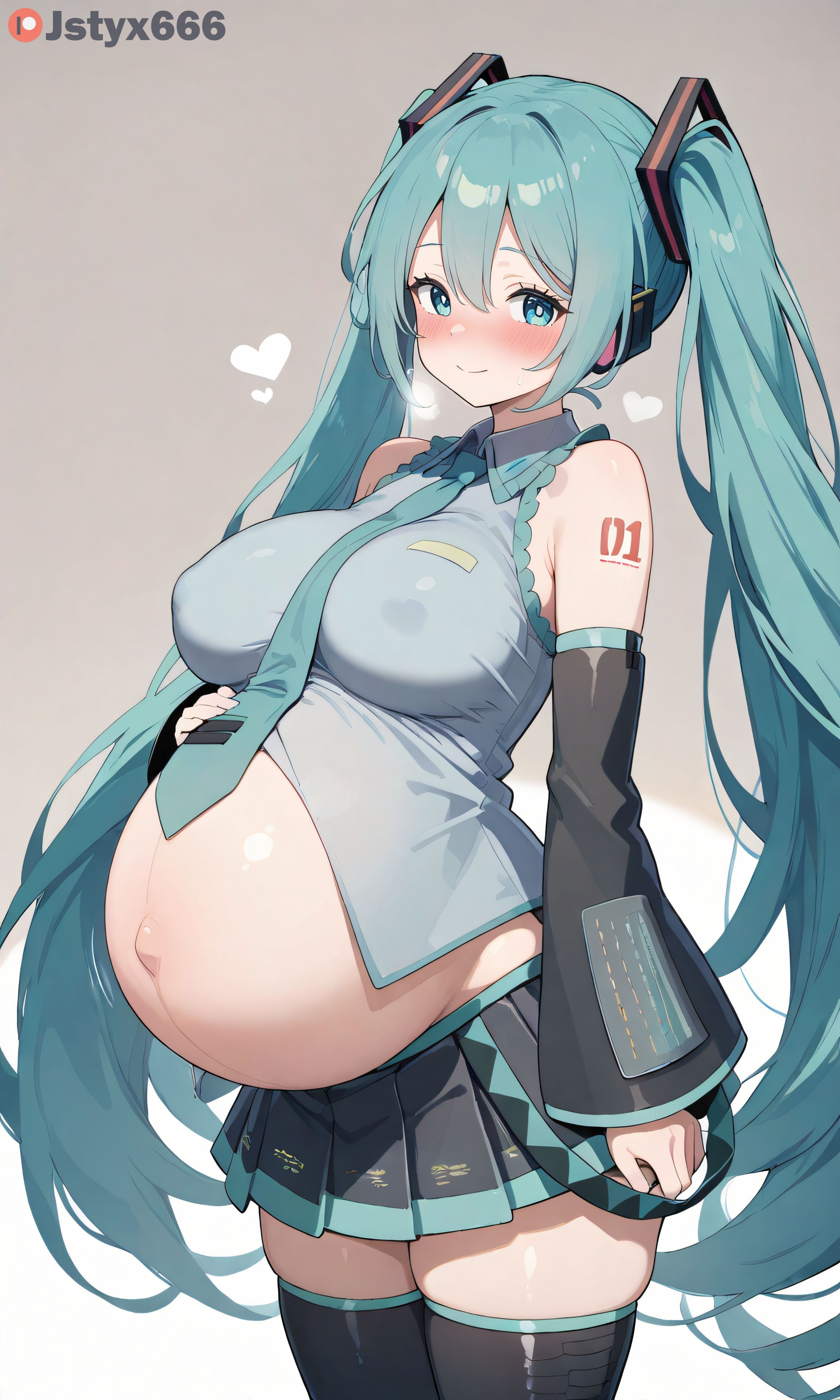 1girl, ai generated, alternate breast size, aqua eyes, aqua hair, bare shoulders, big belly, black skirt, black thighhighs, blue hair, blush, blushing at viewer, breasts, covered nipples, detached sleeves, enjoying pregnancy, female, hand on own stomach, hatsune miku, heart, jstyx666, large breasts, long hair, looking at viewer, navel, necktie, pleated skirt, pregnant, pregnant belly, pregnant female, skirt, smile, solo, tattoo, thighhighs, twintails, very long hair, vocaloid