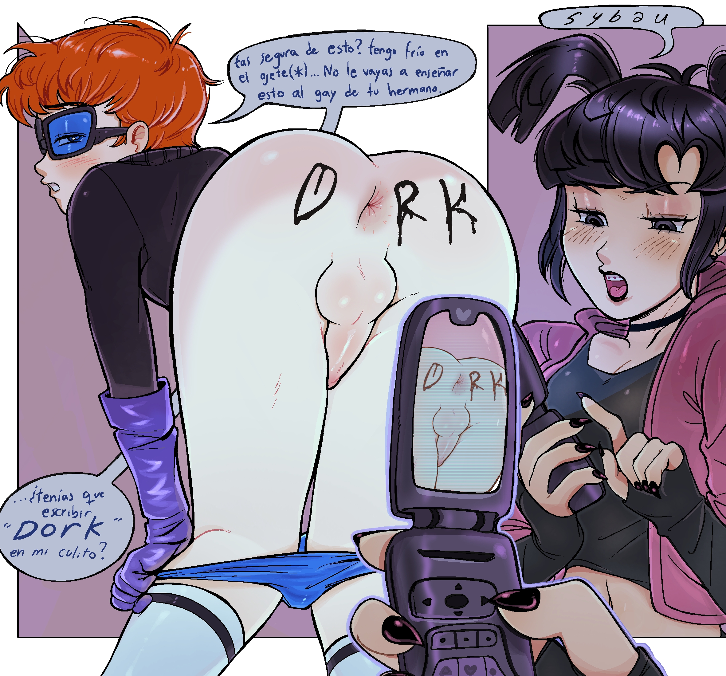 1boy, 1girls, anus, anus as letter, ass focus, bent over, big ass, black hair, body writing, comic, comic page, dexter, dexter's laboratory, dialogue, dick, female, femboy, femdom, fusionfall, glasses, humiliation, lalavava, looking back at viewer, male, male focus, panels, panties, panties down, penis, phone, picture, red hair, socks, spanish text, tattoo, text bubble, translation request, twintails, urusten, writing on body