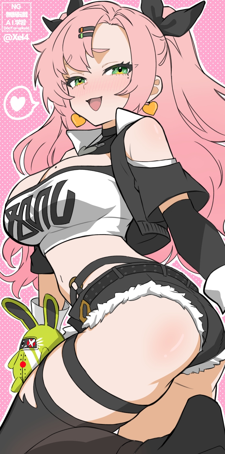 bare shoulders, black ribbon, black thighhighs, blush, breasts, cleavage, clothing cutout, crop top, cropped jacket, denim, denim shorts, female, female only, from side, fur trim, fur-trimmed shorts, green eyes, highres, large breasts, looking at viewer, navel, nicole demara, open mouth, pink hair, ribbon, shorts, shoulder cutout, skindentation, stomach, strapless, thigh strap, thighhighs, tube top, twintails, xel4, zenless zone zero