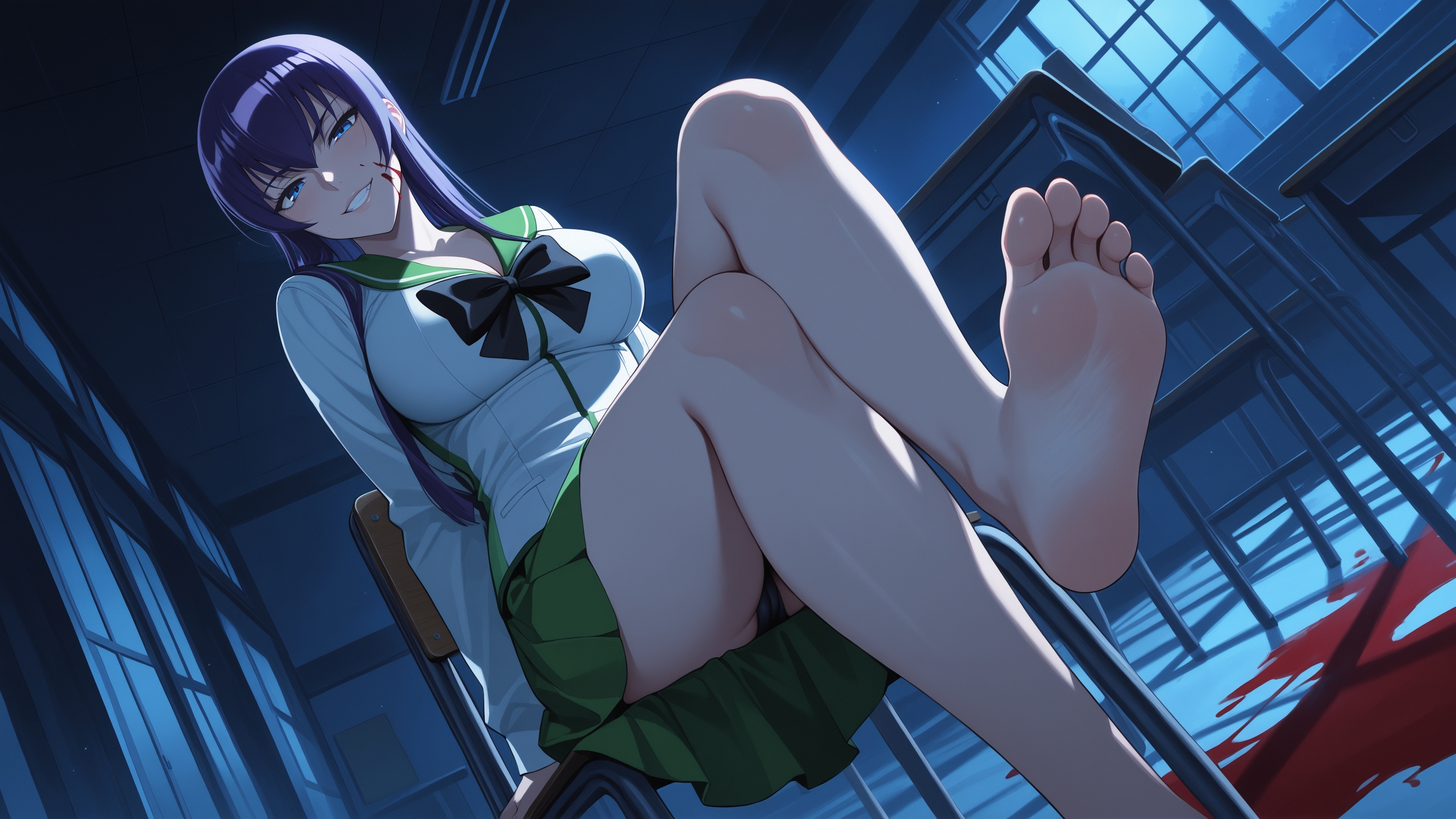1girls, ai generated, bare legs, barefoot, big breasts, black panties, blue eyes, breasts, busujima saeko, dutch angle, erosaga, feet, female, female only, foot fetish, foot focus, gesugao, green skirt, grin, hairband, highschool of the dead, indoors, large breasts, light-skinned female, long hair, looking at viewer, night, panties, pleated skirt, provocative, purple hair, saeko busujima, school uniform, schoolgirl, sensual, serafuku, sitting, skirt, smile, soles, solo, toes, underwear, window