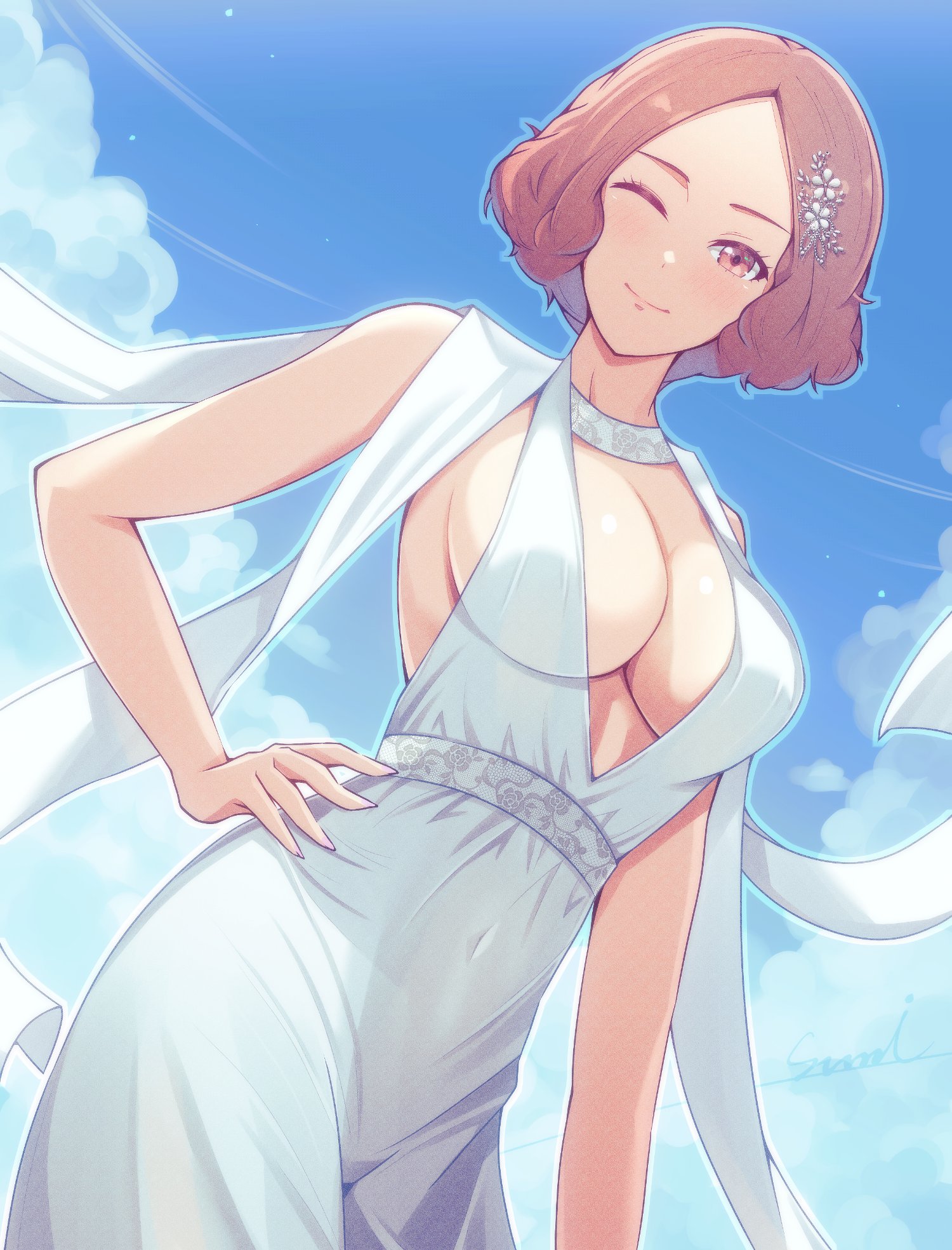 1girls, alternate costume, bare shoulders, blue sky, breasts, brown eyes, brown hair, cleavage, closed mouth, cloud, cloudy sky, commentary request, corner50777313, dress, female, female only, hair ornament, haru okumura, highres, large breasts, looking at viewer, one eye closed, persona, persona 5, short hair, sky, smile, solo, white dress