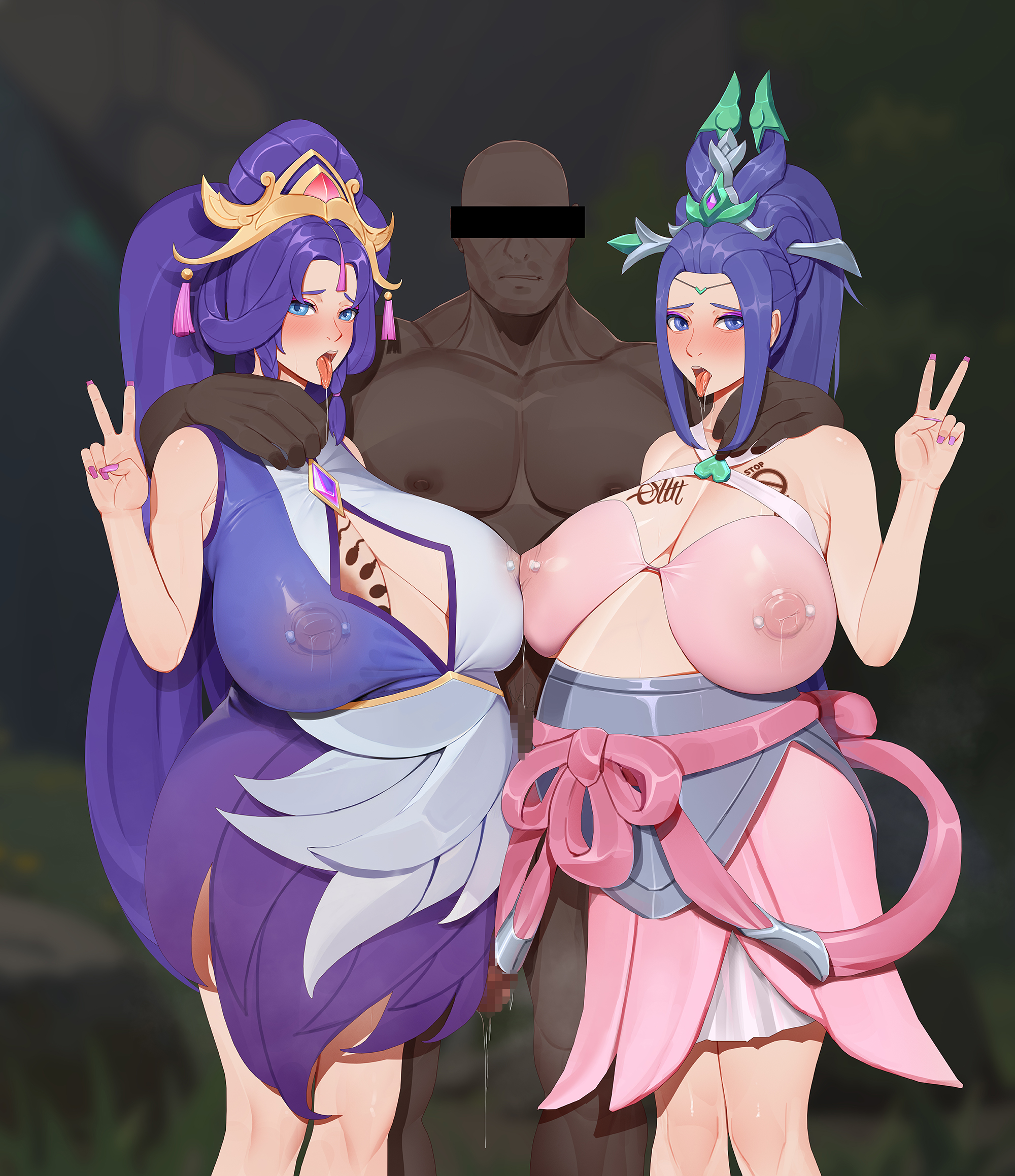 2girls, big breasts, breasts, clothed female nude male, dark skin, dark-skinned male, female, huge breasts, immortal journey series, immortal journey sona, interracial, janna windforce, large breasts, league of legends, male, nails painted, pregnant, sacred sword janna, sona buvelle, threesome, tm yuebing