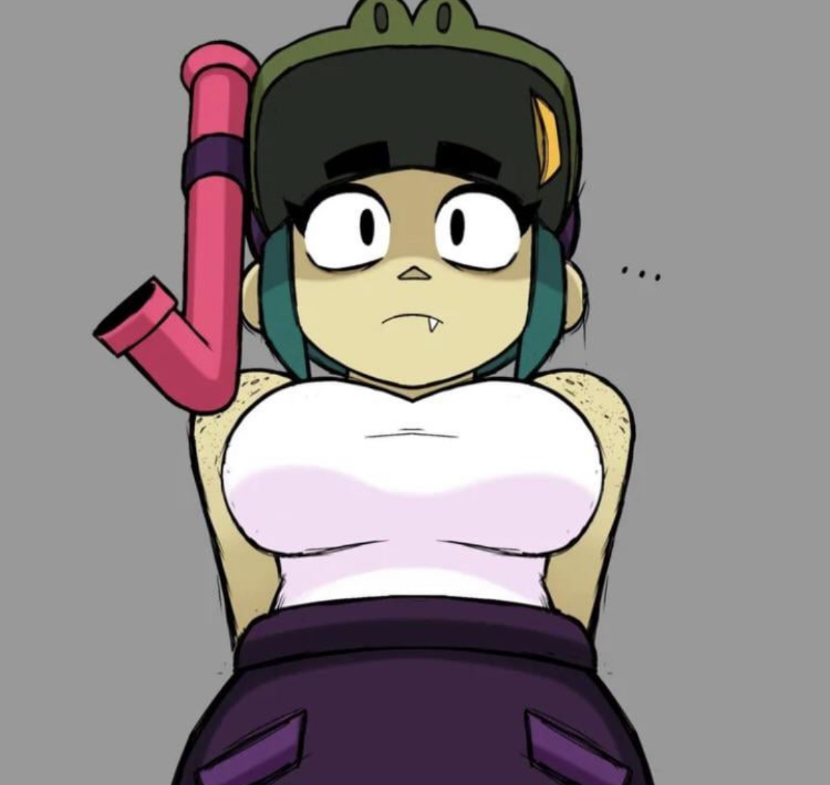 alli (brawl stars), alligator, anthro, big breasts, brawl stars, breasts, female, female only, freckles, nervous, sickojacko, solo female, tank top, white tank top