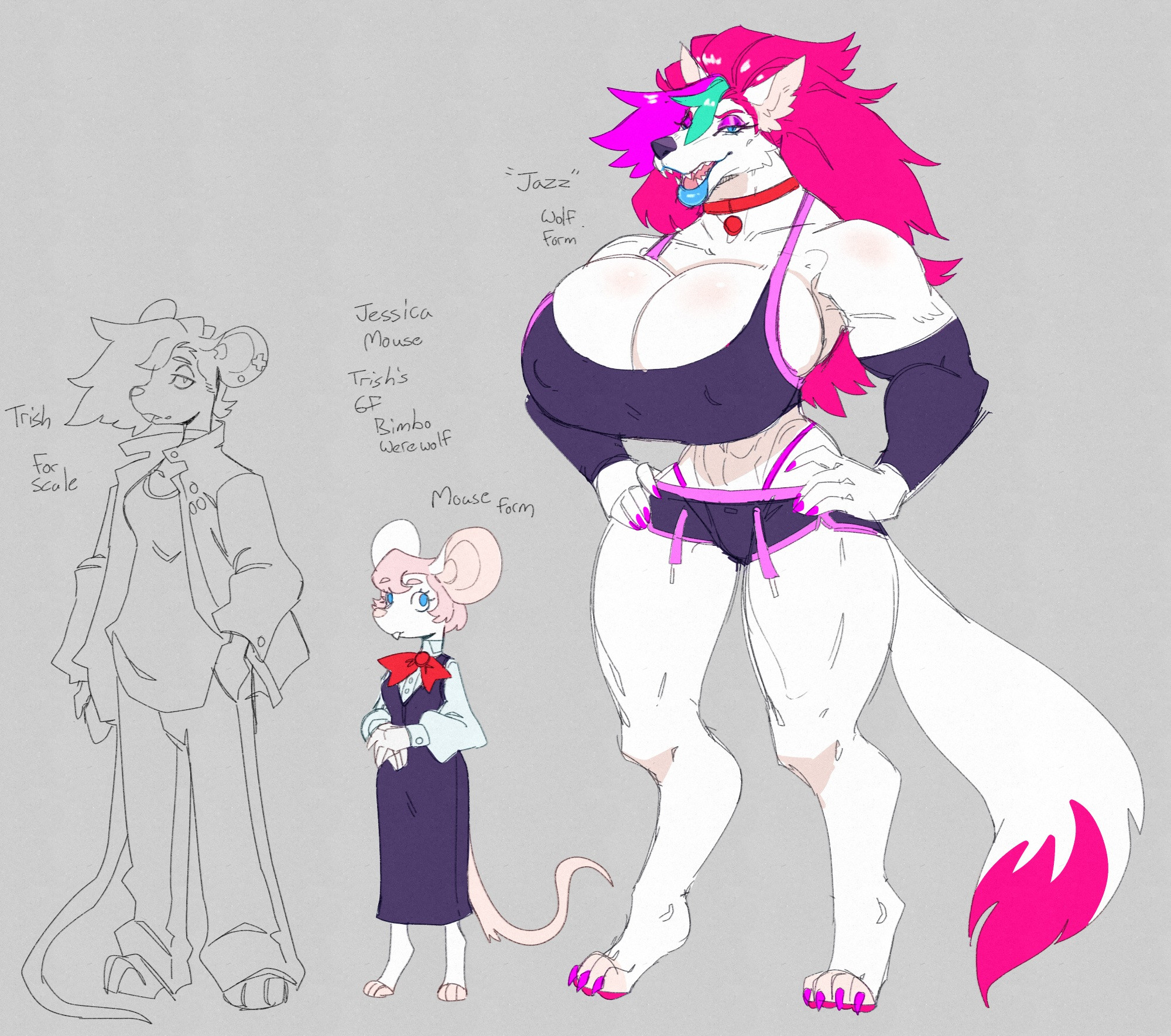 2girls, alternate form, alternate species, anthro, armwear, before and after, big breasts, bimbo, bimbofication, bimbofied, bimbophi, blue eyes, blue lips, blue lipstick, breasts, canid, canine, canis, character sheet, collar, different clothes, dipstick tail, ears, female, furry, furry female, furry only, hands on hips, hot pink hair, huge breasts, jazz (bimbophi), jessica (bimbophi), long hair, looking at viewer, mouse, mouse girl, muscular, muscular female, open mouth, open smile, pink hair, purple hair, purple highlights, shorts, size difference, smile, species transformation, tail, tank top, thick thighs, transformation, trish (bimbophi), two-tone hair, were, werecanid, werecanine, werecreature, werewolf, werewolf girl, white body, white fur, wolf, wolf girl