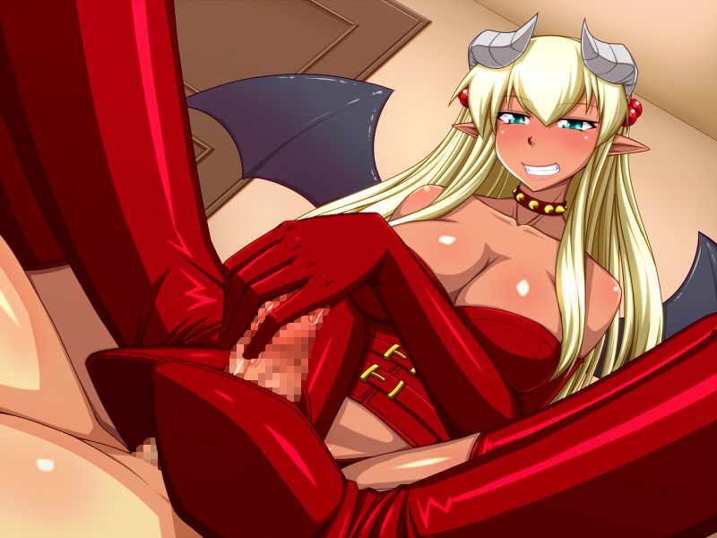 bare shoulders, black wings, blonde hair, blue eyes, boot fetish, bootjob, boots, breasts, censored, cg, cleavage, dark skin, demon, demon girl, demon wings, elbow gloves, feet, female, footjob, gloves, hair bobbles, hair ornament, horns, ijiwaru inma, large breasts, long hair, male, naughty face, nokoppa, orgasm denial, panties, penis, pointy ears, precum, shoejob, succubus, thighhighs, wings