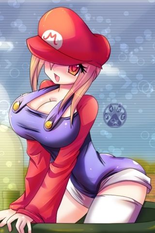 ass, big breasts, blonde hair, breasts, cap, female, hair over one eye, hat, huge breasts, long sleeves, mario, mario (series), nintendo, overalls, pale skin, red eyes, rule 63, stockings, super mario bros., thighhighs, yant (artist)