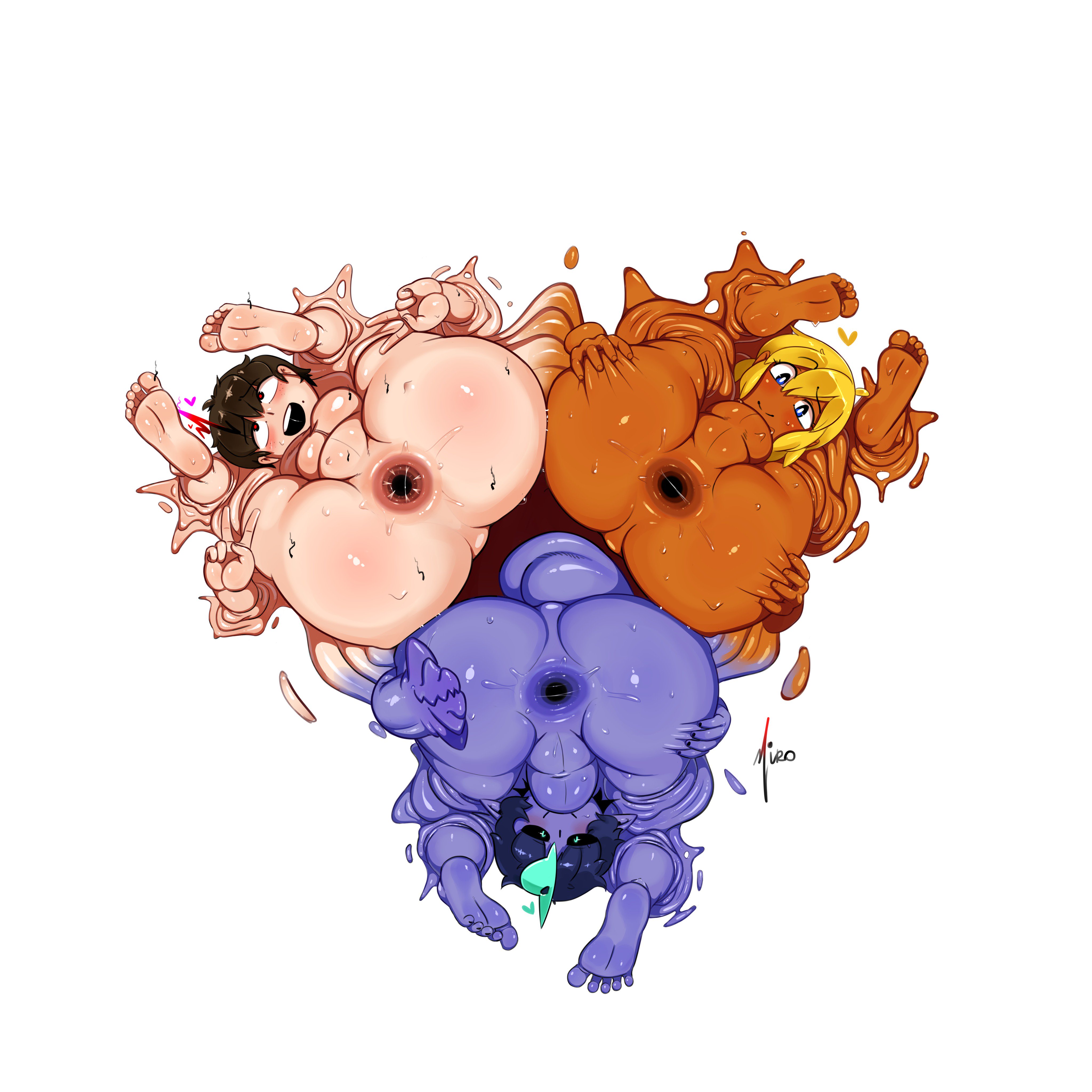 3boys, absurdres, ami dixie, anus, anus dentata, ass juice, balls, barefoot, dark skin, dark-skinned femboy, dark-skinned male, docu (doppel), erection, feet, femboy, gay, girly, highres, looking at viewer, male, male only, miro miresu, nude, penis, spread legs, testicles, toes, trap, trap on trap, yaoi