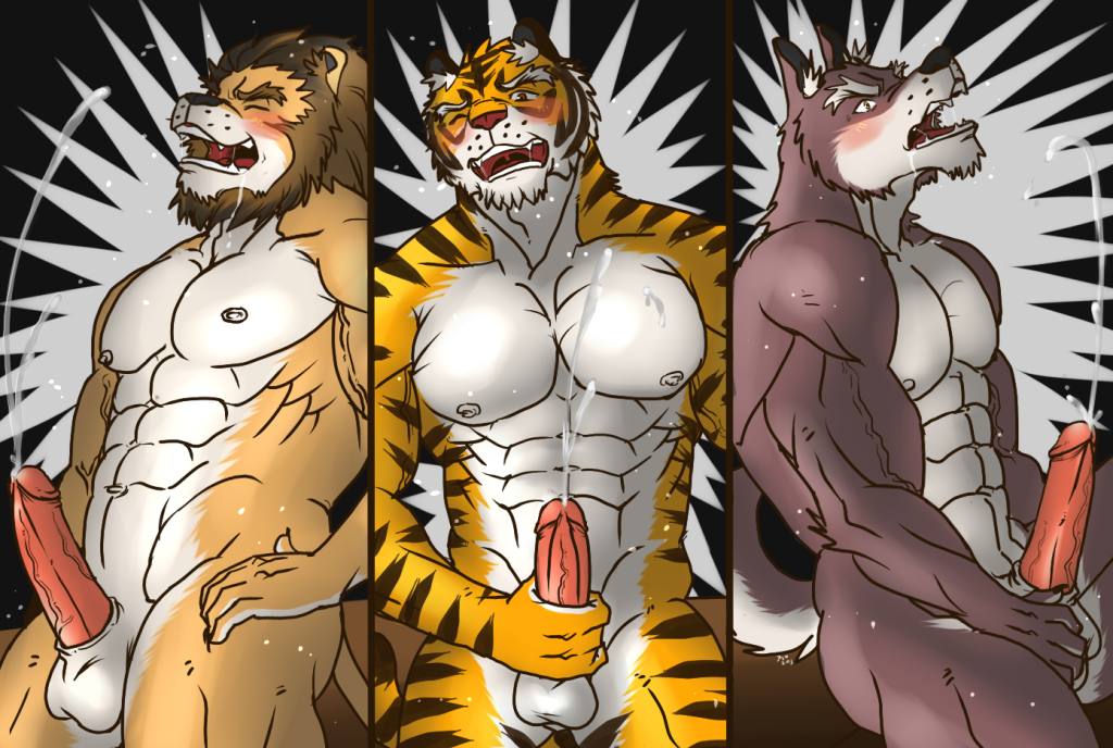 2013 abs anthro balls biceps canine cum erection feline fur furry hair hentist hideo_katashi interspecies lion male male_only masturbation multiple_males muscles no_humans nude pecs penis pose shishimaru_genjurou tiger toragami_gaou vein wolf