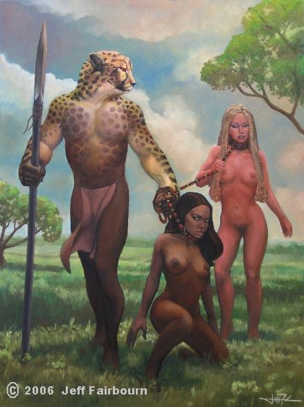 1boy, 2006, 2girls, anthro, captive, capture, captured, cheetah, collar, dark skin, dark-skinned female, faile35, female, human, imminent rape, interspecies, jeff fairbourn, leash, leashed, loincloth, male, multiple subs, nude, outside, pubic hair, sex slave, slave, slave raid