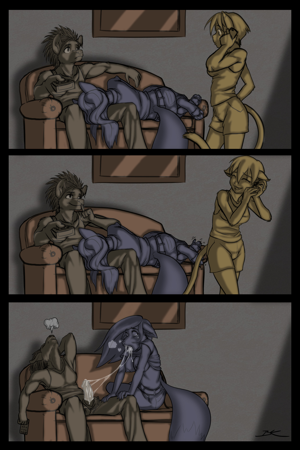 anthro, black-kitten, canine, clothed, clothing, cum, cum in mouth, deepthroat, feline, fellatio, female, fox, fur, furry, hidden, humor, lying, male, oral, oral sex, remote, secret, sex, shirt up, sleeping, sofa, straight, tear, wolf