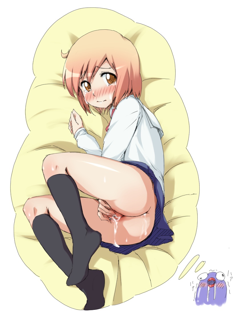 1girls 4shi ass blush brown_eyes clothing fingering imagining kneehighs kotoura-san kotoura_haruka lying masturbation no_panties on_side orange_hair pussy_juice school_uniform short_hair skirt skirt_lift tear thought_bubble