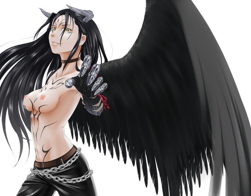 1girls abs areolae black_hair black_pants black_wings breasts chain_belt chains choker devil_jin female gauntlets gloves horns jin_kazama kazama_jin long_hair namco navel nipples pants rule_63 solo stomach tattoos tekken topless wings yellow_eyes