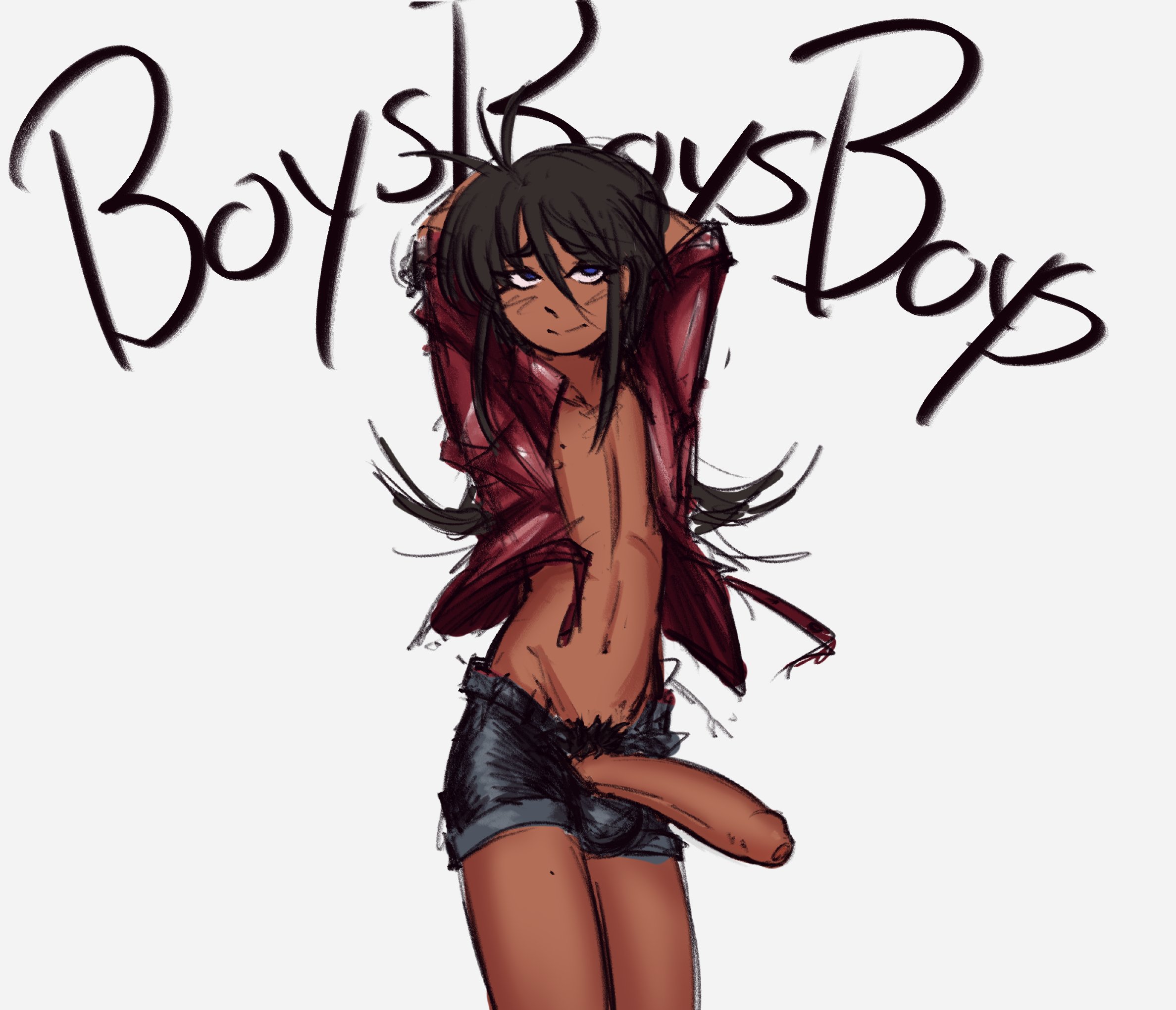 1boy, 1femboy, 2d, 2d (artwork), arms behind head, arms up, big cock, big penis, black hair, cock, dark-skinned femboy, dick, digital drawing (artwork), digital media (artwork), femboy, femboy focus, femboy only, large cock, large penis, looking at viewer, male, male only, mouzr, oc, open shirt, original character, penis, penis out, shirt, shorts, skinny, tagme, tanned, tanned skin, text, uncircumcised, uncut, unnamed character, unzipped shorts