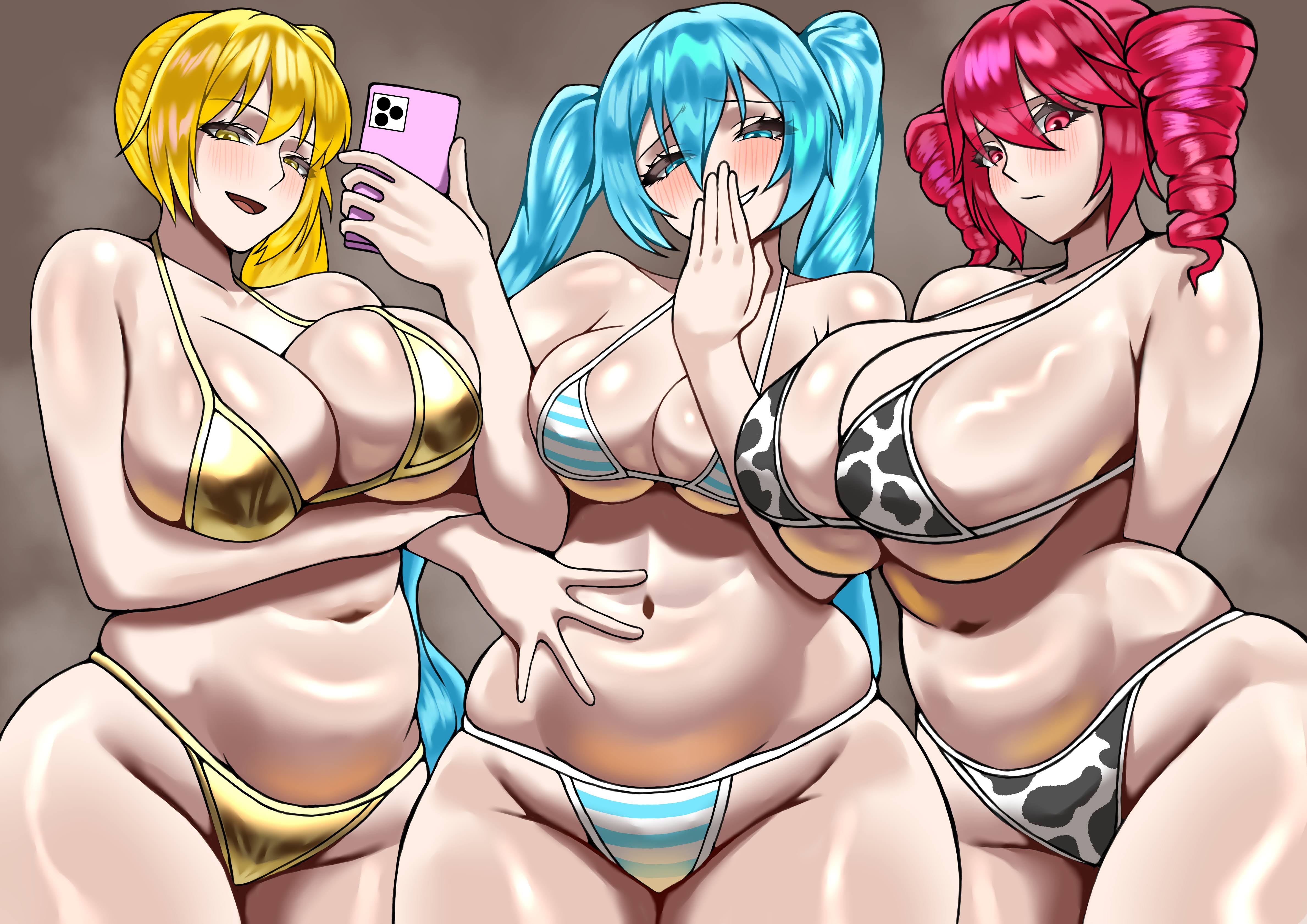 2d, 2d (artwork), 3girls, ahoge, akita neru, alternate breast size, animal print, areola slip, areolae, arm behind back, arm under breasts, arms behind back, ass, ass bigger than head, ass bigger than torso, ass visible from the front, barefoot, belly, big ass, big belly, big breasts, big pussy, big thighs, bikini, blonde hair, blue eyes, blue hair, blush, breast size difference, breasts, breasts bigger than head, breasts bigger than torso, cameltoe, cellphone, cleavage, cow print, cow print bikini, cropped jacket, curvaceous, curvy, curvy female, curvy figure, detached collar, drill hair, enormous breasts, enormous thighs, eyelashes, fanloid, fat ass, fat breasts, fat pussy, fat thighs, female, female only, full body, full body view, gigantic ass, gigantic breasts, gigantic thighs, glistening, glistening body, gold bikini, golden bikini, golden week, grey background, hair ornament, hairbow, half-closed eyes, hand on face, hand on hip, hatsune miku, heart, hearts around head, hip dips, hips wider than shoulders, holding, holding phone, horny, horny female, hourglass figure, huge areolae, huge ass, huge breasts, huge pussy, huge thighs, hyper, hyper breasts, ineffective clothing, kasane teto, kasane teto (sv), kitanamaro12, large areolae, large ass, large breasts, large thighs, long eyelashes, long hair, looking at viewer, massive ass, massive breasts, massive thighs, micro bikini, mocking, mocking viewer, multiple girls, nail polish, navel, open mouth, phone, plump, plump ass, plump breasts, plump labia, plump pussy, plump thighs, ponytail, pussy, pussy bulge, pussy lips, red eyes, red hair, removing bikini, seductive, seductive look, seductive smile, shiny skin, side ponytail, simple background, skindentation, slightly chubby, slightly chubby female, smartphone, smile, smirk, striped, striped bikini, swimsuit, synthesizer v, thick thighs, thighhighs, thighs, thighs bigger than head, thighs bigger than torso, triangle mouth, triple baka (vocaloid), twin drills, twintails, underboob, utau, vagina, venus body, very long hair, vocaloid, voluptuous, voluptuous female, wide hips, yellow eyes, yellow hair