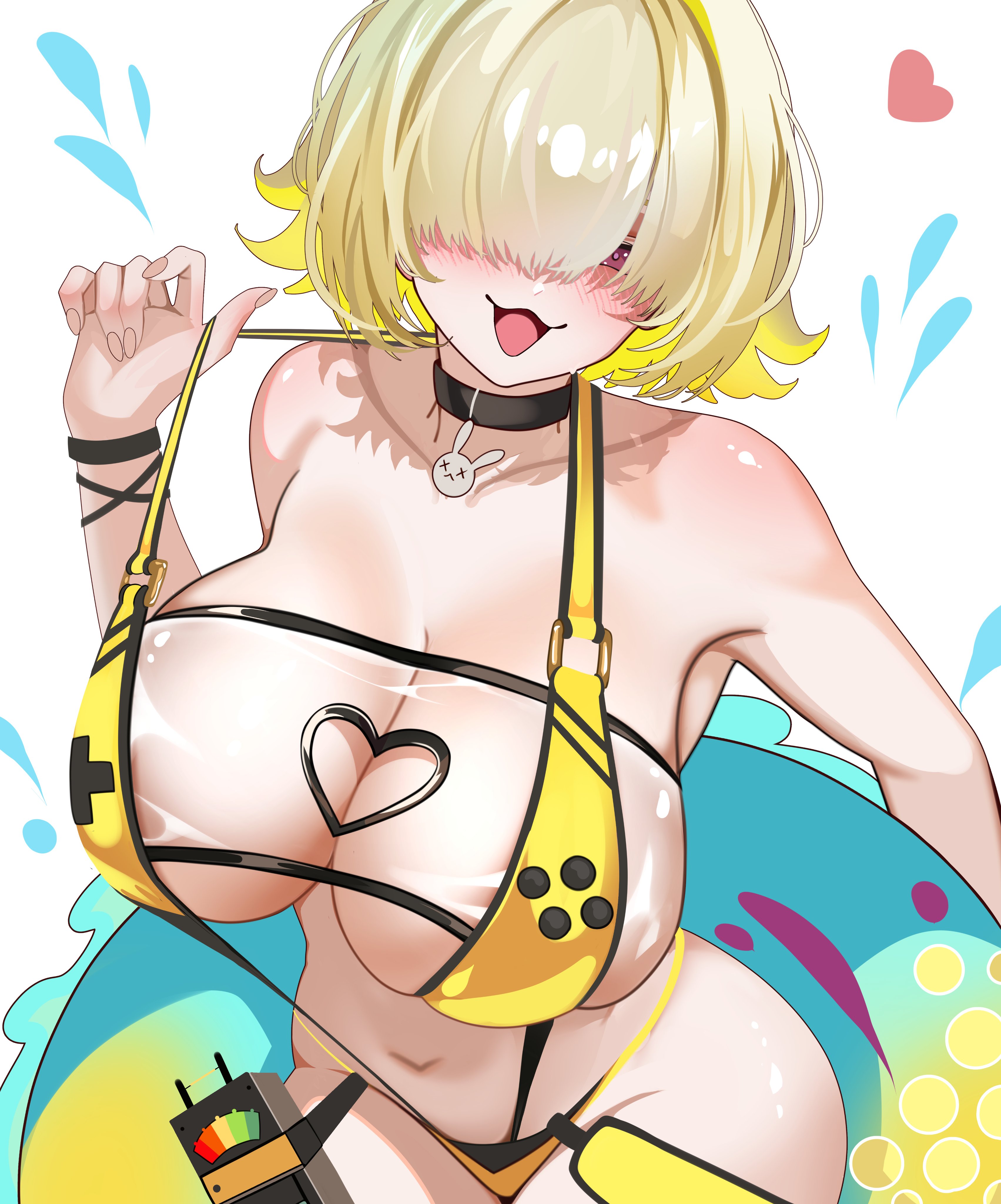 1girls, absurdres, areola slip, armpits, black choker, blonde hair, breasts, choker, commentary, elegg (boom and shock) (nikke), elegg (nikke), goddess of victory: nikke, highres, holding, holding swim ring, huge breasts, innertube, looking at viewer, navel, official alternate costume, open mouth, purple eyes, short hair, slingshot swimsuit, solo, stomach, swim ring, swimsuit, velmillix, white background, yellow slingshot swimsuit