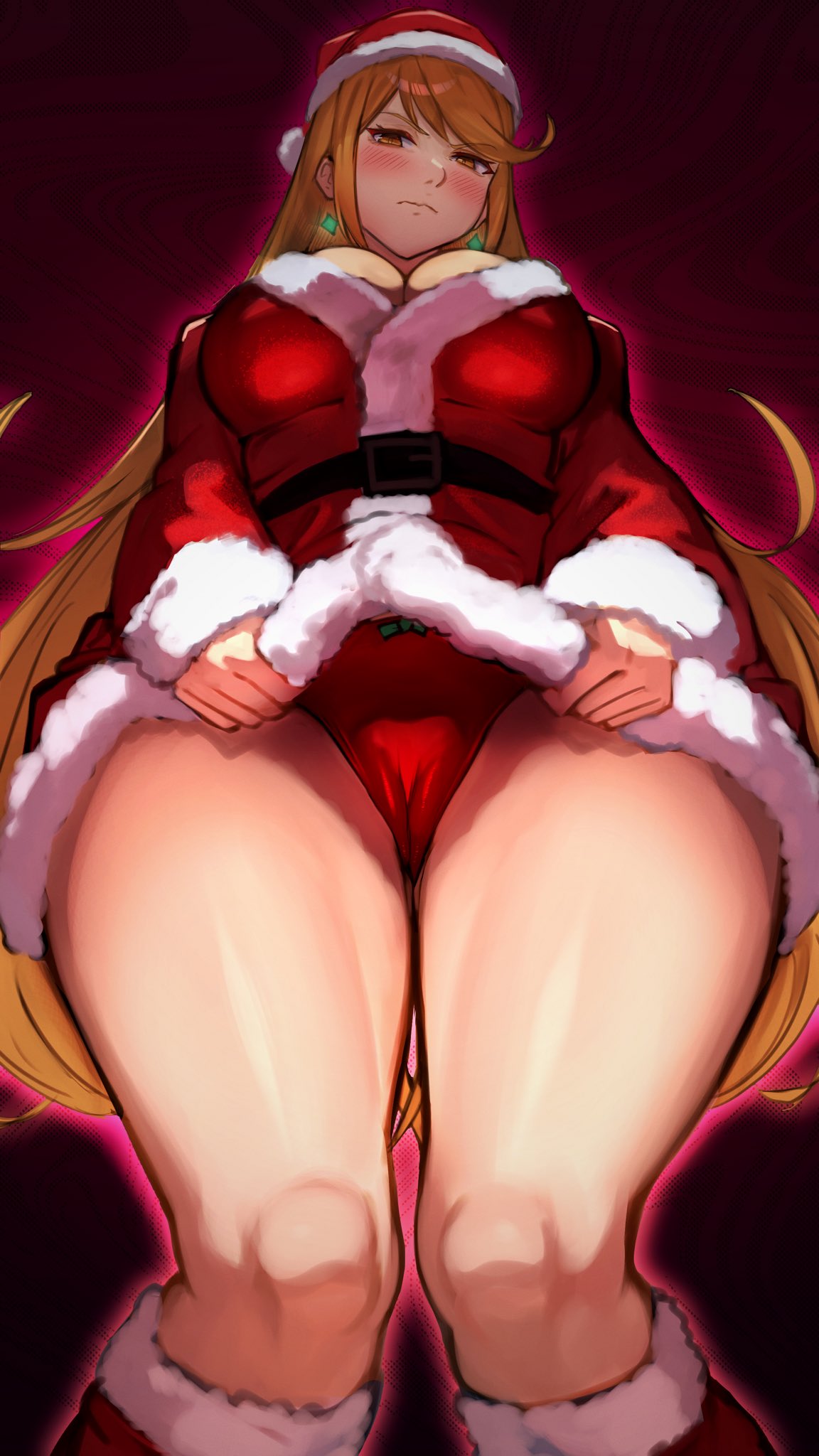 1girls, alternate costume, blonde hair, blush, boots, bow, bow panties, breasts, closed mouth, commentary request, dress, dress tug, earrings, embarrassed, from below, fur trim, fur-trimmed boots, fur-trimmed dress, hat, highres, jewelry, large breasts, long hair, long sleeves, looking at viewer, mythra, nintendo, panties, r123, red background, red boots, red hat, red panties, santa costume, santa dress, santa hat, short dress, solo, swept bangs, underwear, very long hair, xenoblade (series), xenoblade chronicles 2, yellow eyes