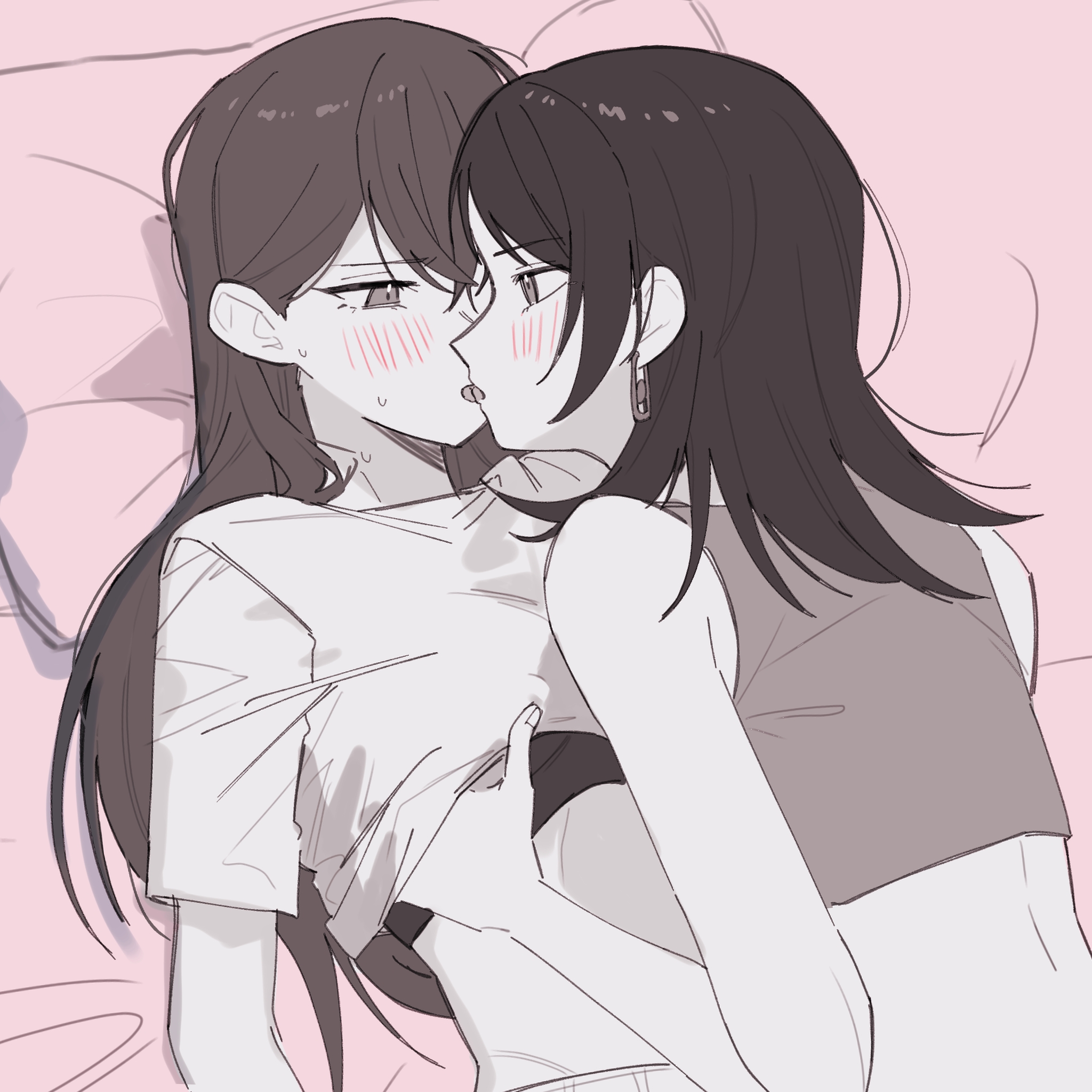 2girls, bang dream!, bang dream! it's mygo!!!!!, blush, bra, earrings, eye contact, female, female only, female/female, french kiss, hand under clothes, highres, jewelry, kissing, long hair, looking at another, lying, medium hair, multiple girls, nanami (nunnun 0410), pillow, protected link, shiina taki, shirt, sleeveless, underwear, yahata umiri, yuri