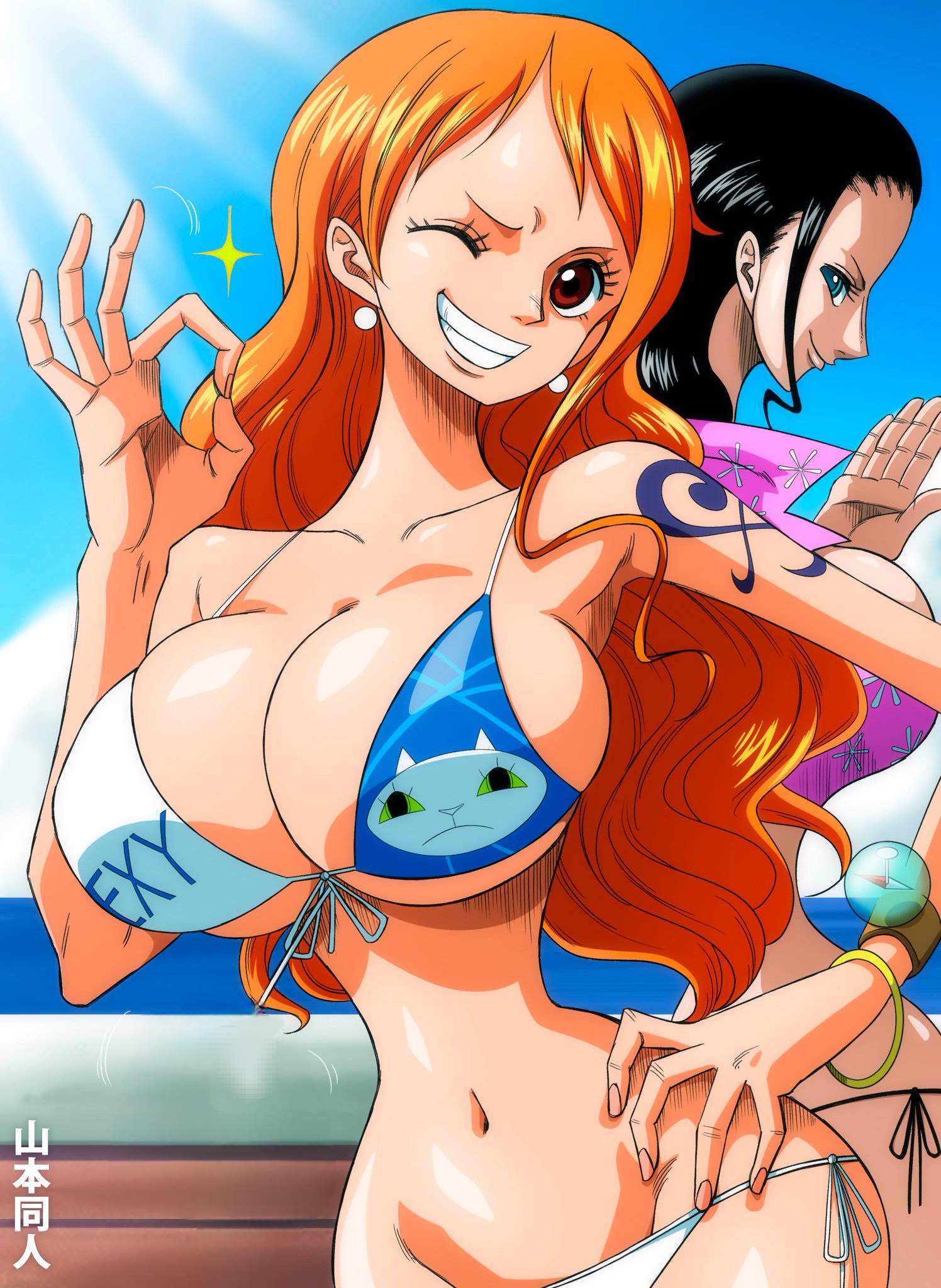 2girls, arm tattoo, artist request, bikini, black hair, black-haired female, blue tattoo, fat breasts, female, female only, flat belly, large breasts, nami (one piece), nico robin, ok sign, one piece, orange hair, orange-haired female, tattoo, yamamoto doujin