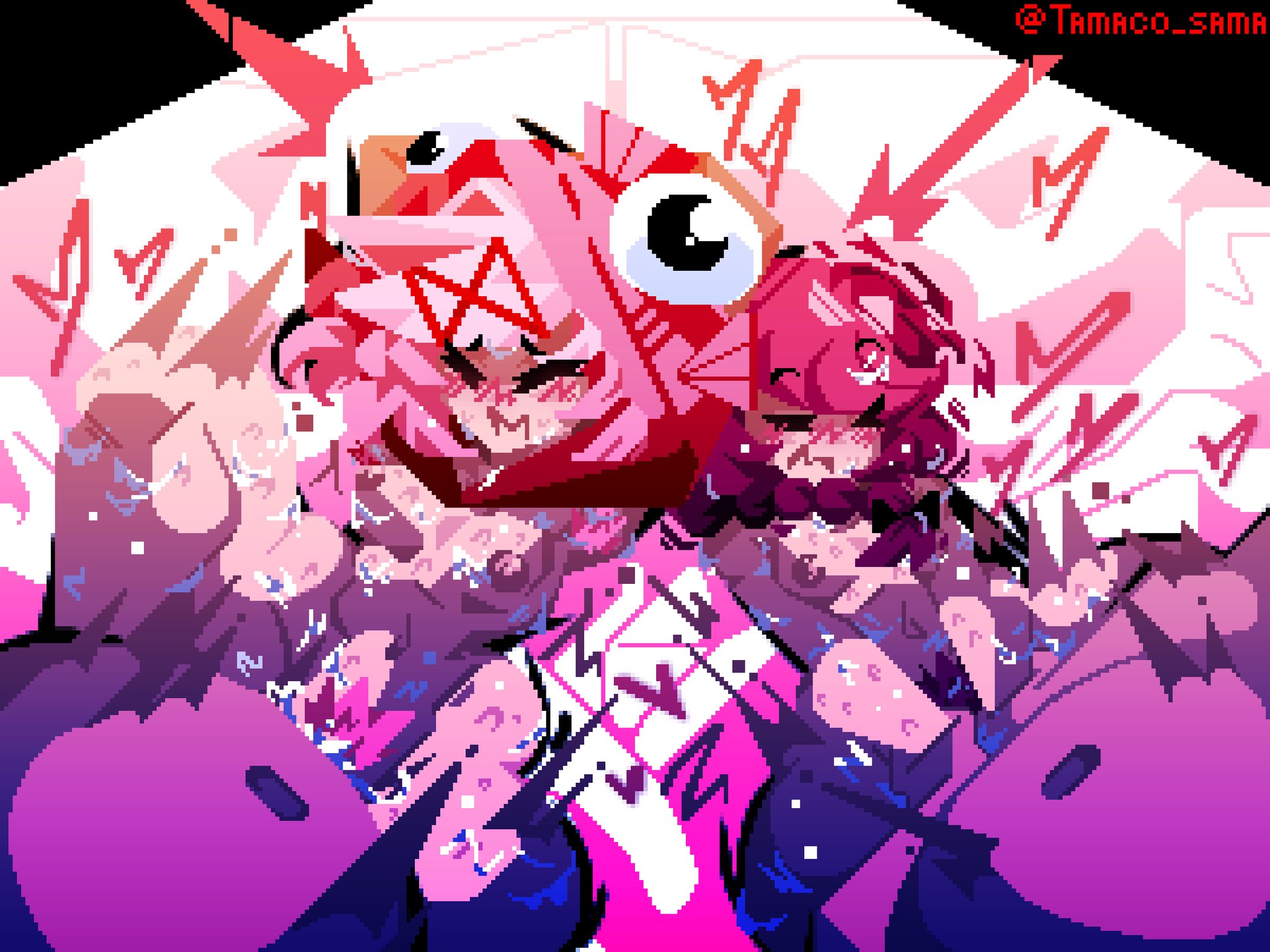 2boys, 2girls, alternate version available, artist name, bed sheet, bedding, bedding background, belly, black border, blush, bocchi the rock!, closed eyes, commission, completely nude, completely nude female, cum, cum inside, cum on body, dark skin, dark-skinned male, doki doki literature club, duo, duo focus, female, female focus, grabbing arms, hi res, hiroi kikuri, hood only, interracial, light skin, light-skinned female, male, male/female, motion lines, natsuki (doki doki literature club), nipples, nude, nude female, pink hair, pixel art, pubic hair, sex, size difference, tagme, tamaco, vaginal penetration, wide hips