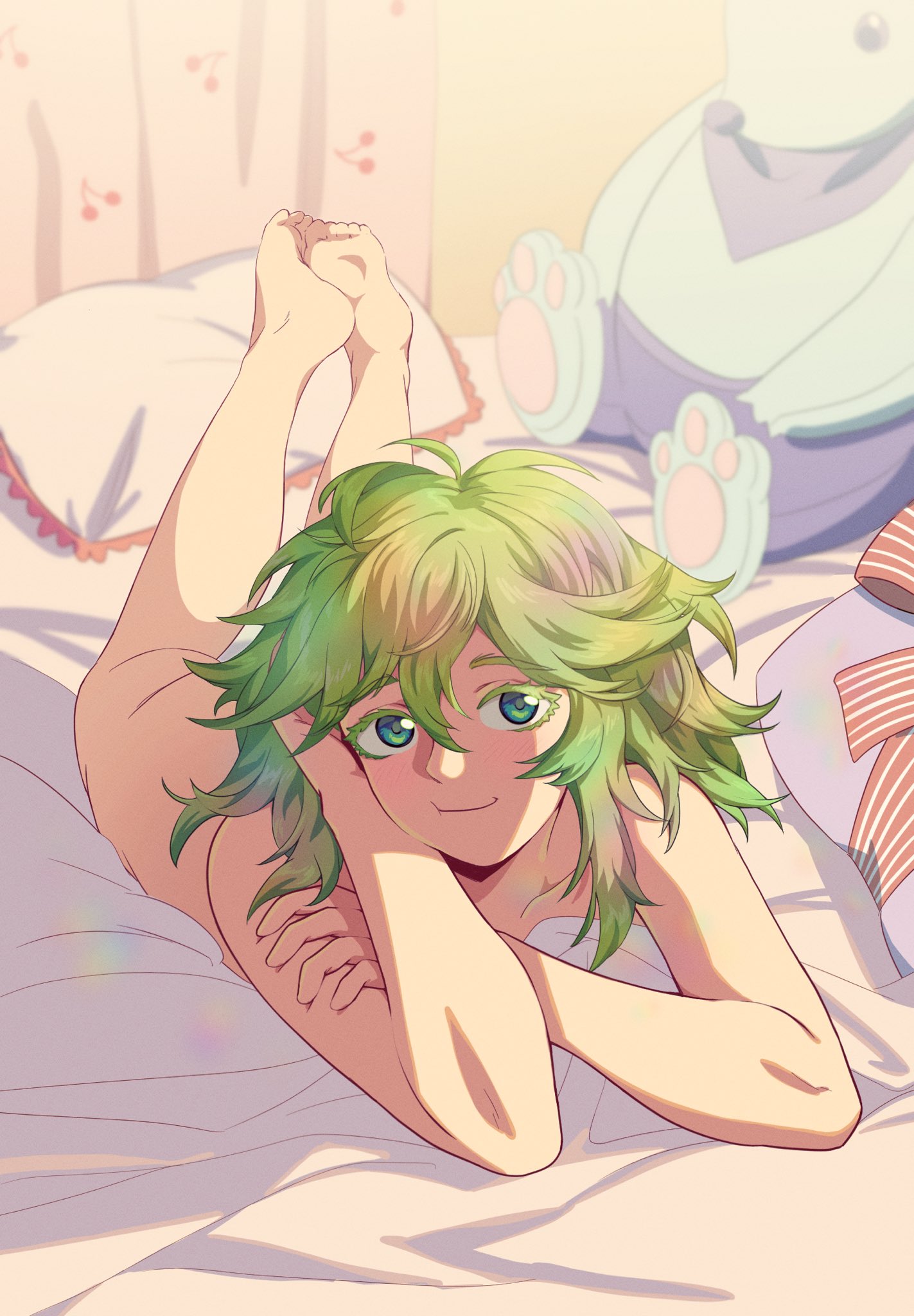 1girls, 2026, 2d, 2d (artwork), ahoge, bed, bed sheet, bedroom, blue eyes, blush, boku no hero academia, color, completely nude, curly hair, depth of field, feet, female, female only, green hair, invisible girl, legs up, lighting, long hair, looking at viewer, lying, lying on bed, lying on stomach, my hero academia, nude, nude female, pochato, pre-timeskip, questionable, sideass, slight blush, smile, solo, solo female, stuffed animal, tooru hagakure, tooru hagakure (visible)