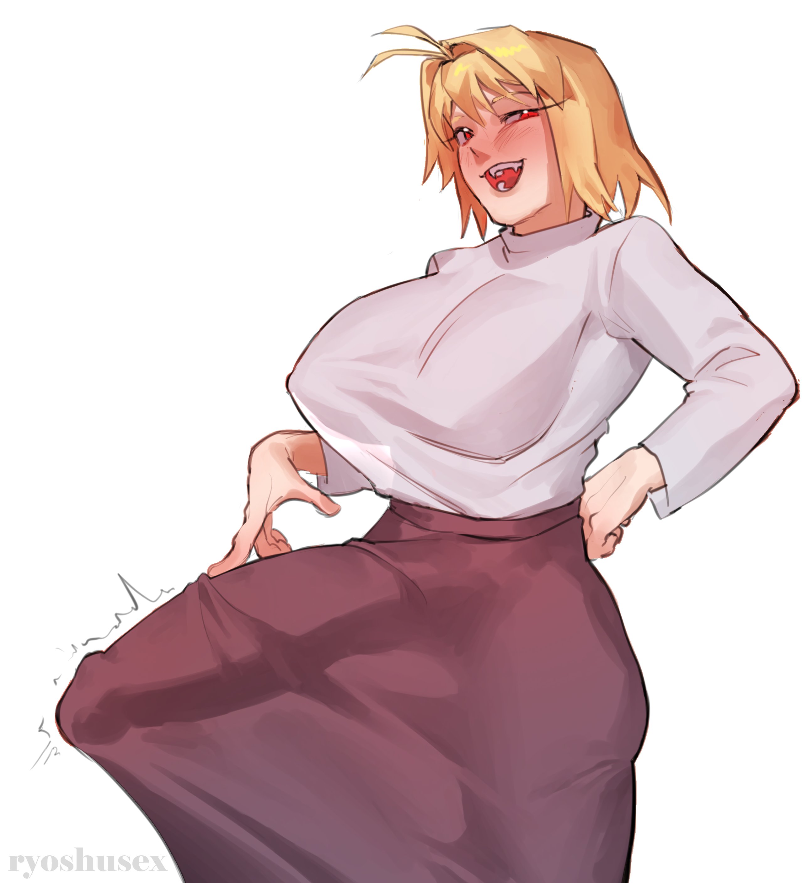 1futa, arcueid brunestud, big breasts, big penis, blonde futa, blonde hair, bulge, bulge under clothes, busty, dick, dickgirl, erect penis, erection, erection under clothes, fat cock, futa only, futanari, hand on hip, huge breasts, huge cock, large breasts, large penis, melty blood arcueid figure (meme), meme, mostly clothed, penis, penis outline, penis under clothes, ryoshusex, solo, solo futa, tsukihime