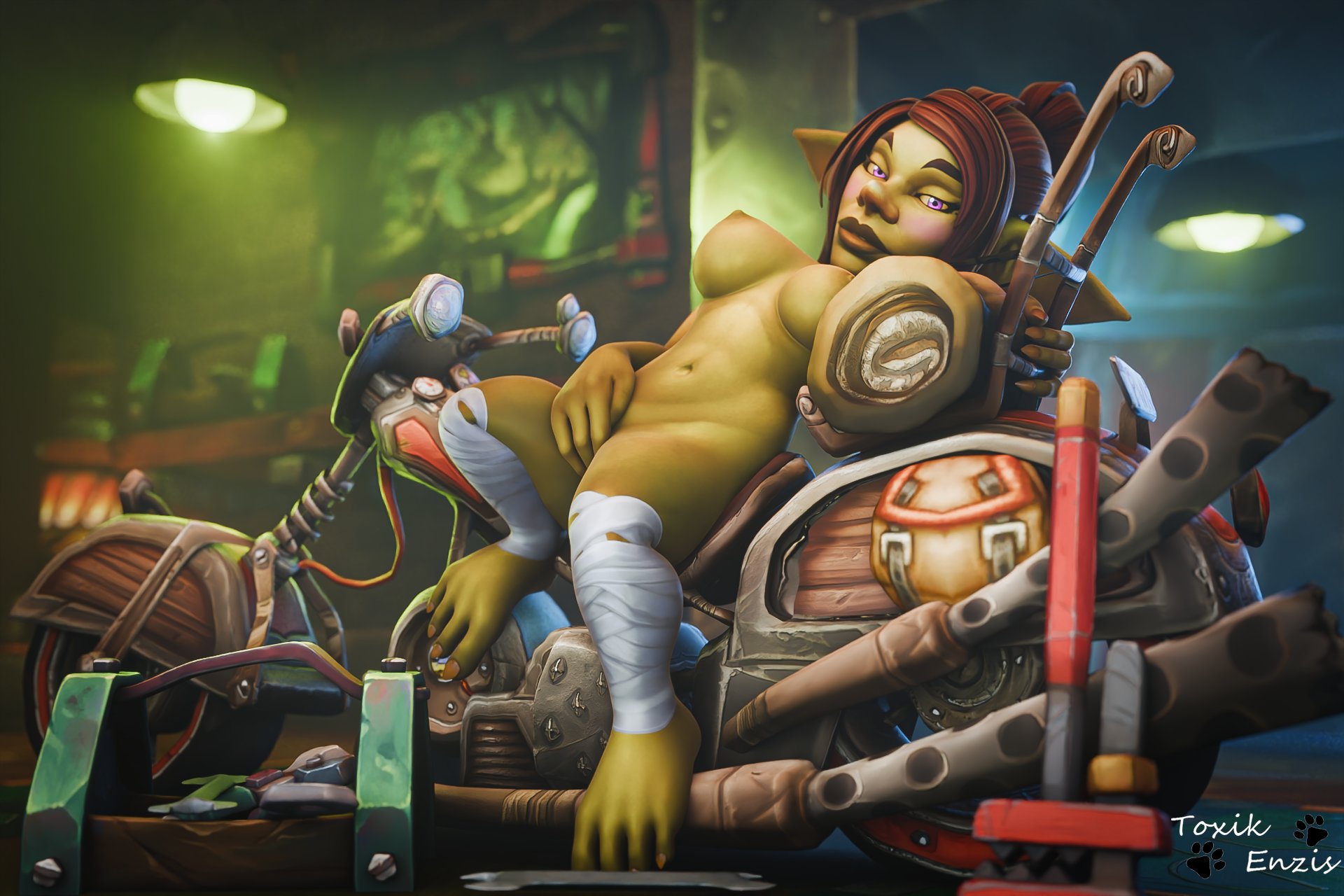 3d, barefoot, big ears, blizzard entertainment, blush, blushing, breasts, brown hair, feet, female, goblin, goblin (warcraft), goblin female, green skin, looking at viewer, monster, monster girl, motorcycle, nipples, on motorcycle, pointy ears, posing, purple eyes, pussy, shortstack, tagme, topknot, toxik enzis, warcraft, world of warcraft