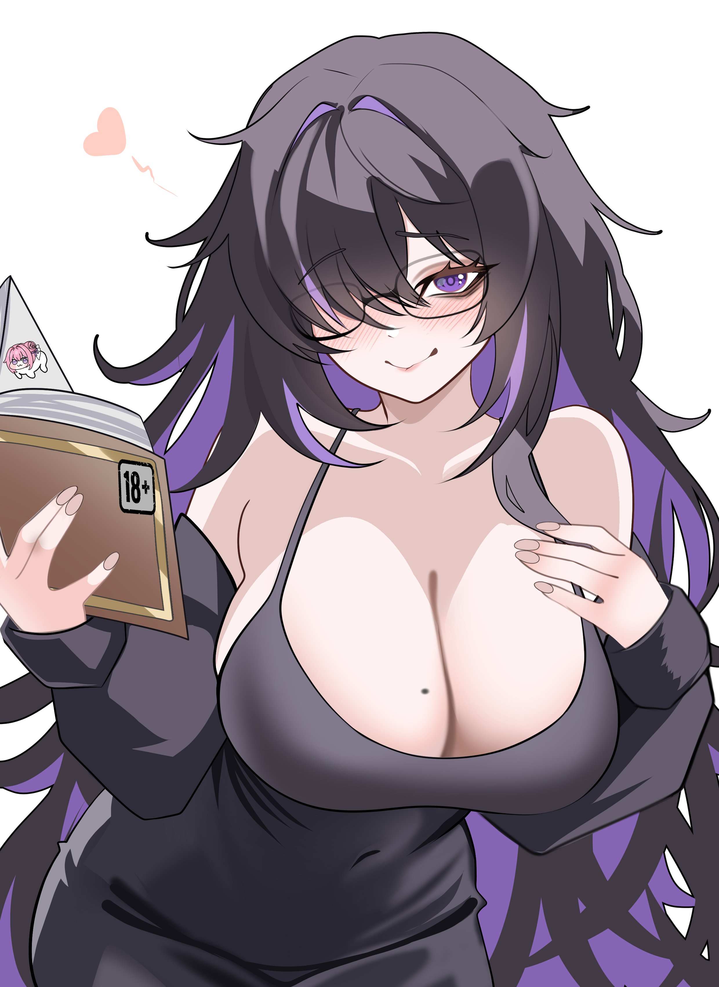 1girls, absurdres, bags under eyes, black cardigan, black dress, black hair, black-framed eyewear, blush, book, breasts, cardigan, cleavage, closed mouth, colored inner hair, doro (nikke), dress, glasses, goddess of victory: nikke, hair over one eye, hashtag-only commentary, heart, highres, holding, holding book, label (nikke), large breasts, long hair, long sleeves, looking at viewer, mole, mole on breast, multicolored hair, purple eyes, purple hair, simple background, smile, solo focus, velmillix, very long hair, white background