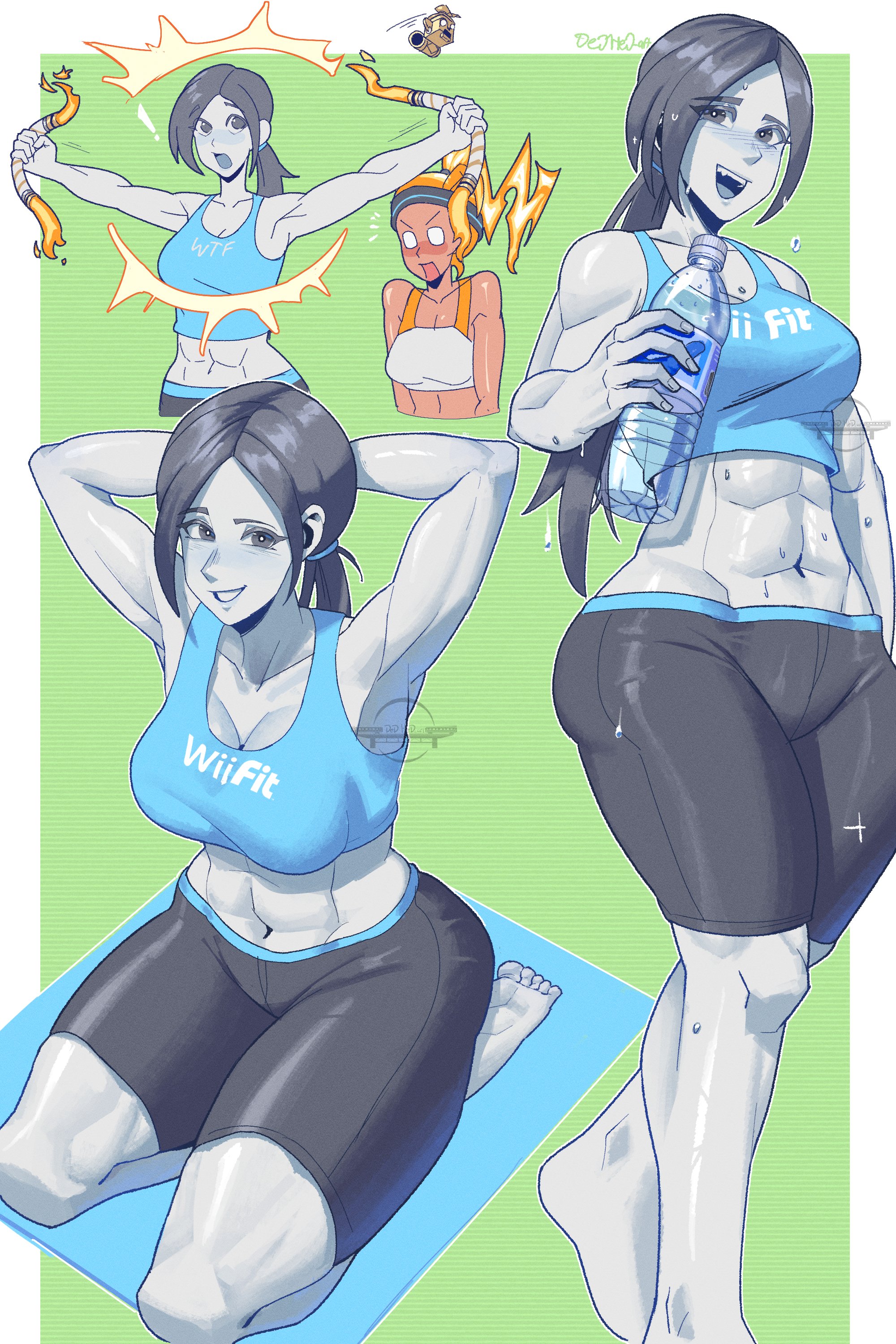 2girls, abs, absurdres, armpits, arms behind head, arms up, black hair, blue eyes, blush, breasts, brown hair, capri pants, colored skin, commentary, crop top, dedhed art, english commentary, female, female only, grey eyes, grey hair, highres, large breasts, long hair, looking at viewer, midriff, multiple girls, muscular, muscular female, navel, nintendo, open mouth, pants, ponytail, ring fit trainee (female), smile, tank top, white skin, wii fit, wii fit trainer, wii fit trainer (female)