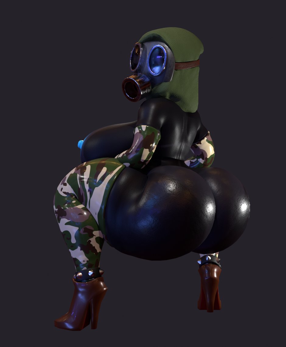 2023, 3d, ass, big breasts, black skin, blender, blue nipples, breasts, butt focus, camo print, female, gas mask, gloves, grey background, high heels, huge ass, mario (series), masked, partially clothed, presenting ass, shy gal, shy guy, snifit, super mario bros., tagme, tanline, thicc ass, thick ass, thick thighs, wyerframez