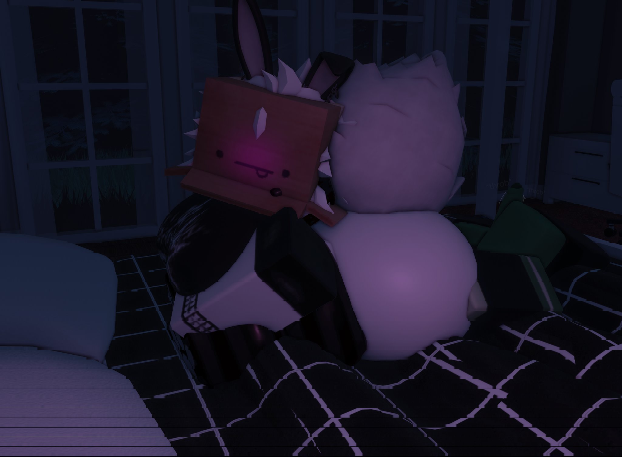 :p, 3d, bedroom background, big ass, big tail, black bunny ears, blush, box, box head, facesitting, green skin, head tilted back, no panties, on bed, pawpawmawmeow, roblox, roblox avatar, roblox studio, robloxian, stockings, text, throbbing penis, white body, white hair, window, windows