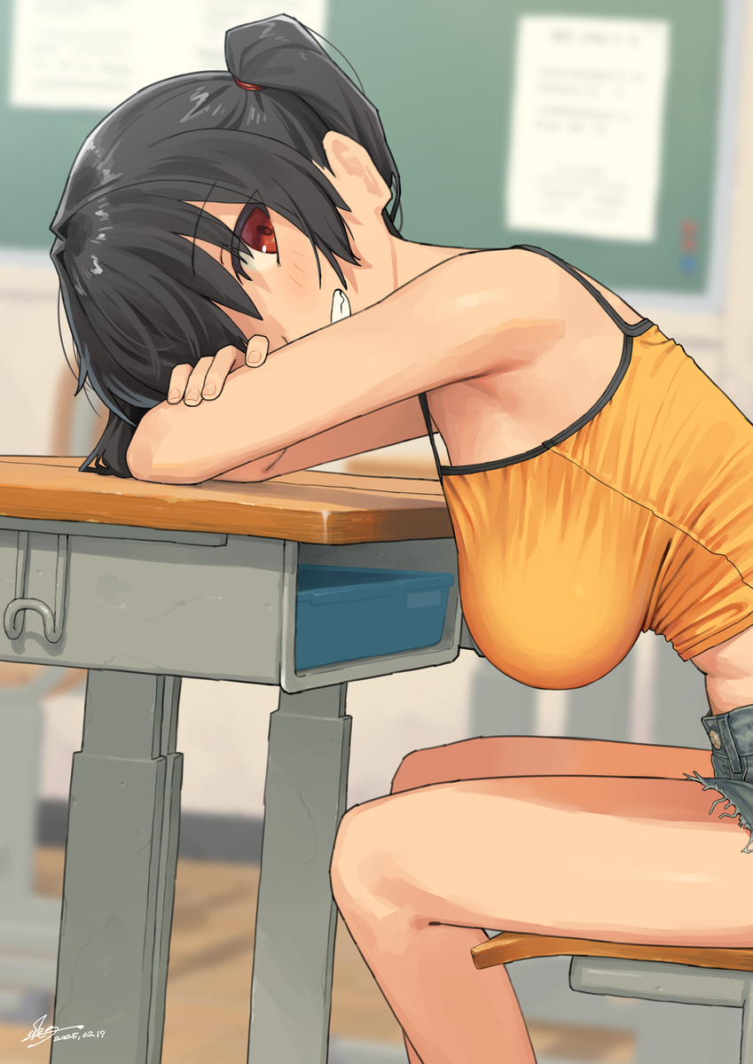 1girls, big breasts, black hair, boobs focus, gaki kyonyuu, kaedeko (kaedelic), kanna sasaki (kaedeko), red eyes, school desk, schoolgirl, solo, tagme, young