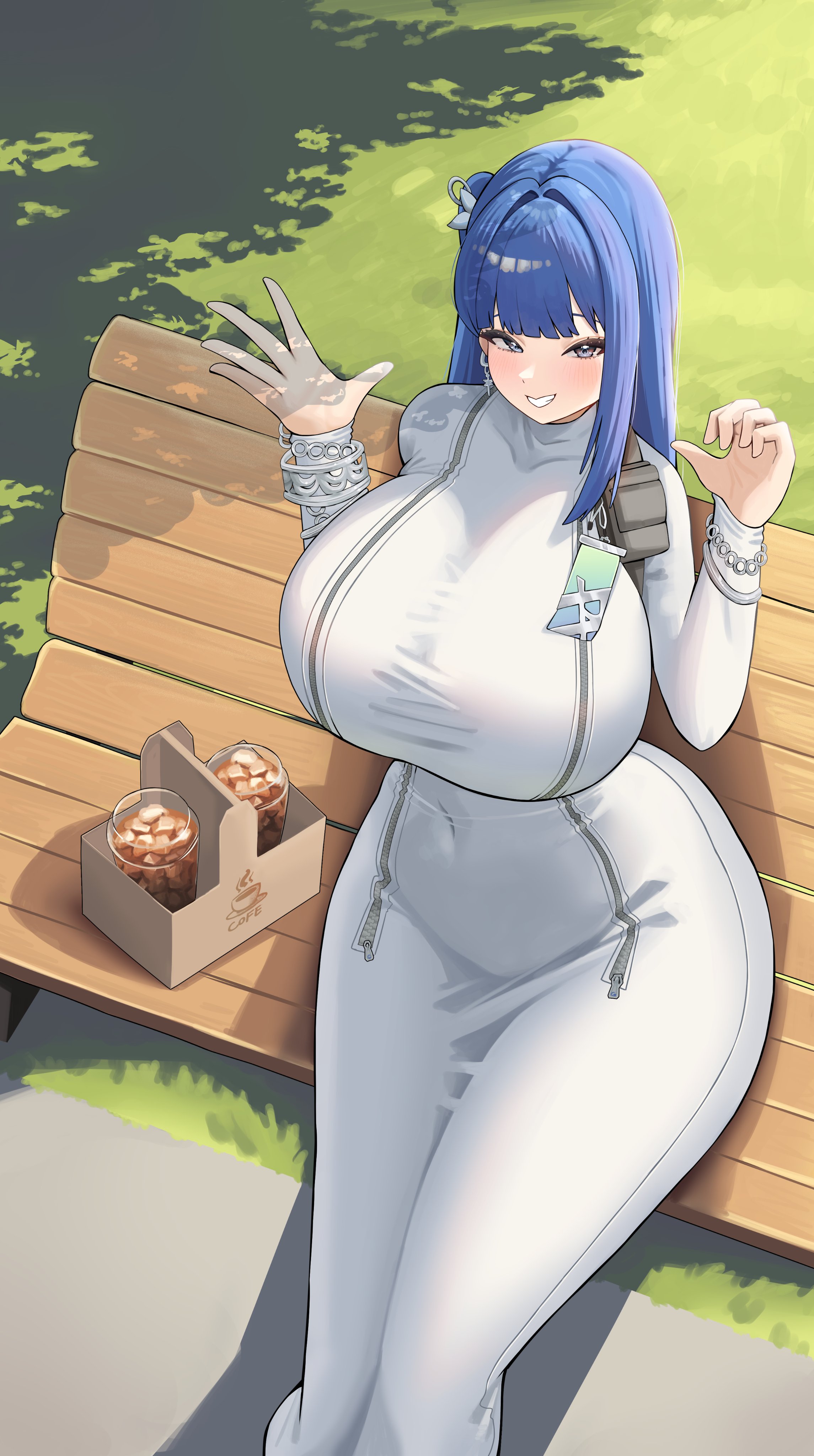 1girls, absurdres, ai generated, arcana (nikke), bench, blue eyes, blue hair, bluepaint, blush, breasts, coffee, covered navel, cup, disposable cup, dress, earrings, female, female only, from above, goddess of victory: nikke, grey eyes, hair ornament, highres, huge breasts, iced coffee, jewelry, long dress, long hair, one side up, outdoors, park bench, shadow, sitting, smile, solo, straight hair, tight clothes, tight dress, waving, white dress, wide hips