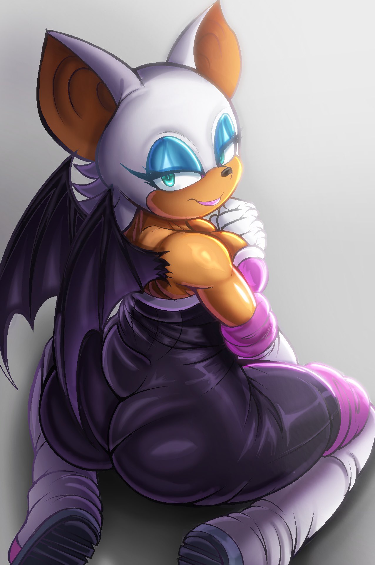 1girls, anthro, anthro focus, anthro only, ass, ass focus, bare shoulders, bat, bat girl, bat wings, bedroom eyes, big ass, big breasts, big butt, black bodysuit, black clothing, blue eyes, blue eyeshadow, boots, breasts, busty, cleavage, curvaceous, curvy, curvy female, curvy figure, eyelashes, eyeshadow, fat ass, female, female focus, female only, gloves, green eyes, half-closed eyes, hi res, high resolution, kneeling, kwalker1009, large ass, large breasts, lipstick, long eyelashes, looking at viewer, looking back, makeup, narrowed eyes, pink lipstick, pov eye contact, rouge the bat, seductive, seductive eyes, seductive look, seductive smile, sega, sideboob, simple background, sitting, solo, solo female, solo focus, sonic (series), sonic the hedgehog (series), tagme, tail, thick thighs, thighs, voluptuous, voluptuous female, white fur, white gloves, white hair, wings