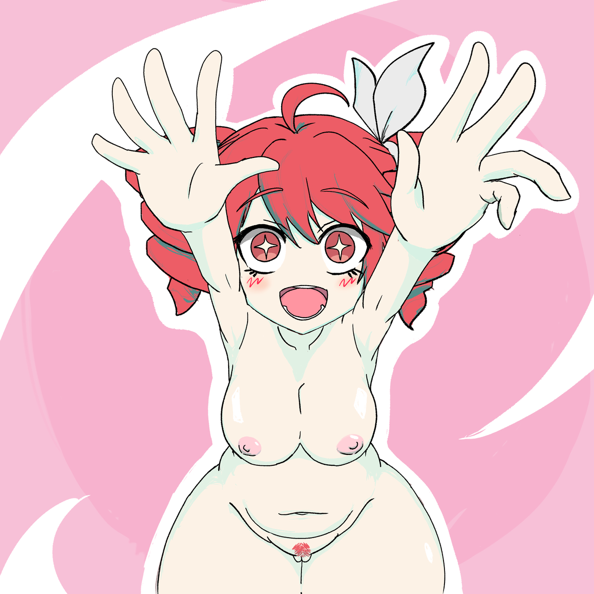 1girls, 2d, 2d (artwork), ahoge, areolae, arms up, belly, big breasts, big thighs, blush, blush lines, bottom heavy, breasts, cleft of venus, completely nude, curvaceous, curvy, curvy female, curvy figure, extended arm, eyelashes, fat mons, fat thighs, female, female only, female pubic hair, goto gotogoto, hair ornament, hairbow, happy, high-angle view, hips wider than shoulders, huge thighs, kasane teto, kasane teto (sv), large breasts, large thighs, massive thighs, navel, nipples, nude, nude female, open mouth, pear shaped, pear shaped female, pink background, pink nipples, plump, plump breasts, plump thighs, pubic hair, pussy, pussy lips, red eyes, red hair, shiny skin, simple background, slightly chubby, slightly chubby female, smile, solo, solo female, sparkling eyes, synthesizer v, thick thighs, thighs, thighs bigger than head, thighs bigger than torso, twin drills, utau, vagina, voluptuous, voluptuous female, wide hips