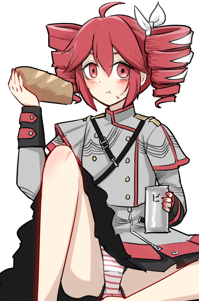 1girls, 2d, 2d (artwork), ass visible through thighs, baguette, big breasts, big thighs, blush, blush lines, bow panties, bread, breasts, can, clothed, clothed female, clothing, crop top, cropped jacket, dokuna nenokuni, eating, fat thighs, female, female only, flashing, flashing panties, food, fully clothed, hair ornament, hairbow, huge breasts, huge thighs, kasane teto, kasane teto (sv), knees together, large breasts, large thighs, looking at viewer, low-angle view, nail polish, painted nails, panties, panty peek, pantyshot, partially visible vulva, pink nails, plump, plump thighs, pussy, pussy peek, red eyes, red hair, red nails, shiny skin, showing panties, simple background, sitting, skindentation, skirt, skirt lift, smile, solo, solo female, spread legs, synthesizer v, twin drills, unaware, upskirt, utau, visible panties, vulva, white background, white panties