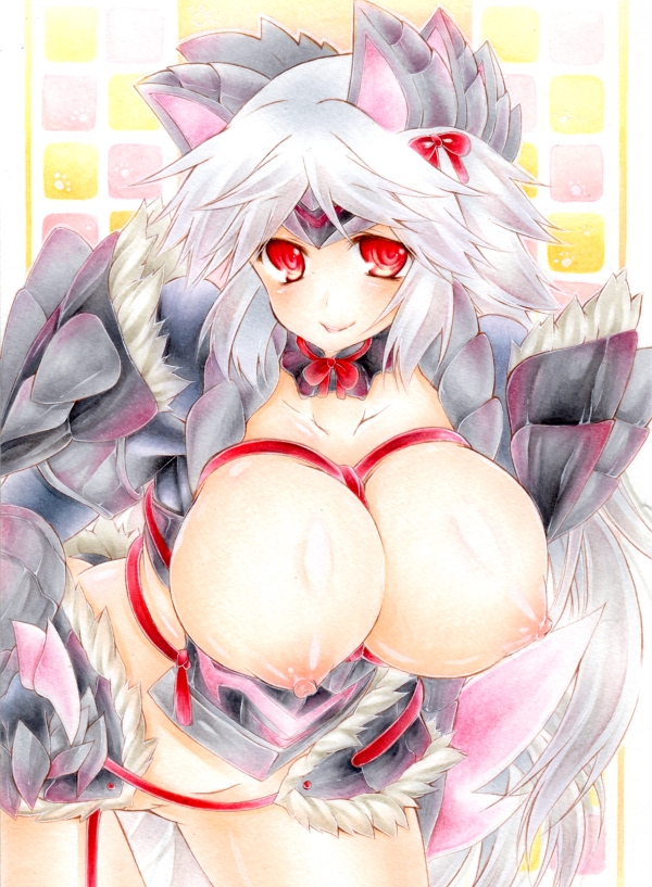 breasts hair jinouga_(armor) large_breasts monster_hunter red_eyes tagme white_hair