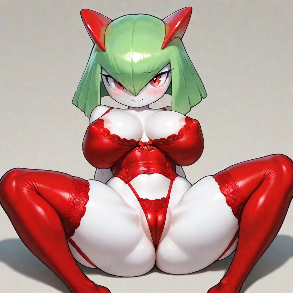 1girls, ai, ai generated, anthro, big breasts, blush, breasts, embarrassed, frosting.ai, generation 3 pokemon, kirlia, lingerie, looking at viewer, nintendo, nipple outline, non nude, open legs, pokemon, pokemon (species), red bra, red eyes, red legwear, red lingerie, red panties, red underwear, solo, spread legs, spreading, thick thighs, thighs, underwear
