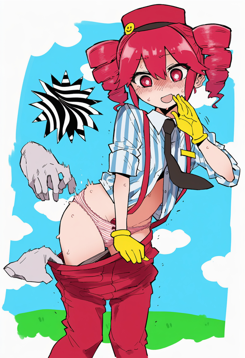 1boy, 1girls, ai generated, big thighs, blouse, blush, blush lines, blushing profusely, bow panties, breasts, cleft of venus, clothed, clothed female, clothing, embarrassed, embarrassed female, exposed pussy, eyelashes, female, gloves, hat, kasane teto, kasane teto (sv), large thighs, looking at viewer, male, mesmerizer (vocaloid), mesmerizer teto, mv character, necktie, offscreen male, one eye closed, panties, pants, pants down, petite, petite body, petite female, plump, pose, posing, pulling down pants, red eyes, red hair, shiny skin, shirt, simple background, skinny, skinny female, slim girl, slim waist, small breasts, smile, sparkling eyes, striped panties, striped shirt, suspenders, synthesizer v, thick thighs, thighs, twin drills, unbuttoned, unbuttoned shirt, undressed, undressing, utau, wide hips