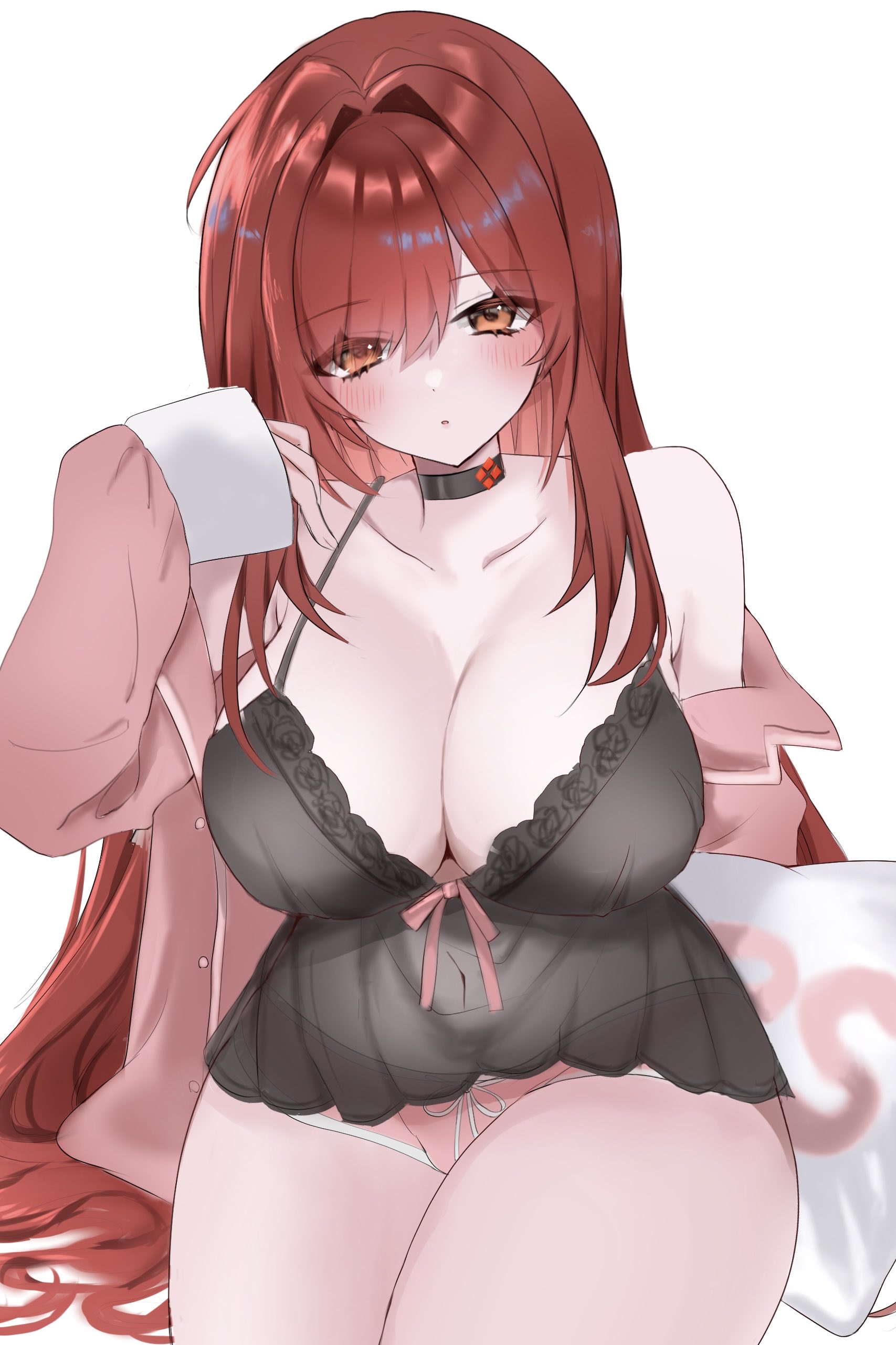 1girls, absurdres, black nightgown, breasts, cleavage, commentary request, goddess of victory: nikke, hair down, highres, large breasts, nightgown, official alternate costume, official alternate design, official alternate hair color, pajamas, pink pajamas, rapi (nikke), rapi (red hood) (cherished red) (nikke), rapi (red hood) (nikke), red hair, rum ill, simple background, sleepwear, solo, white background