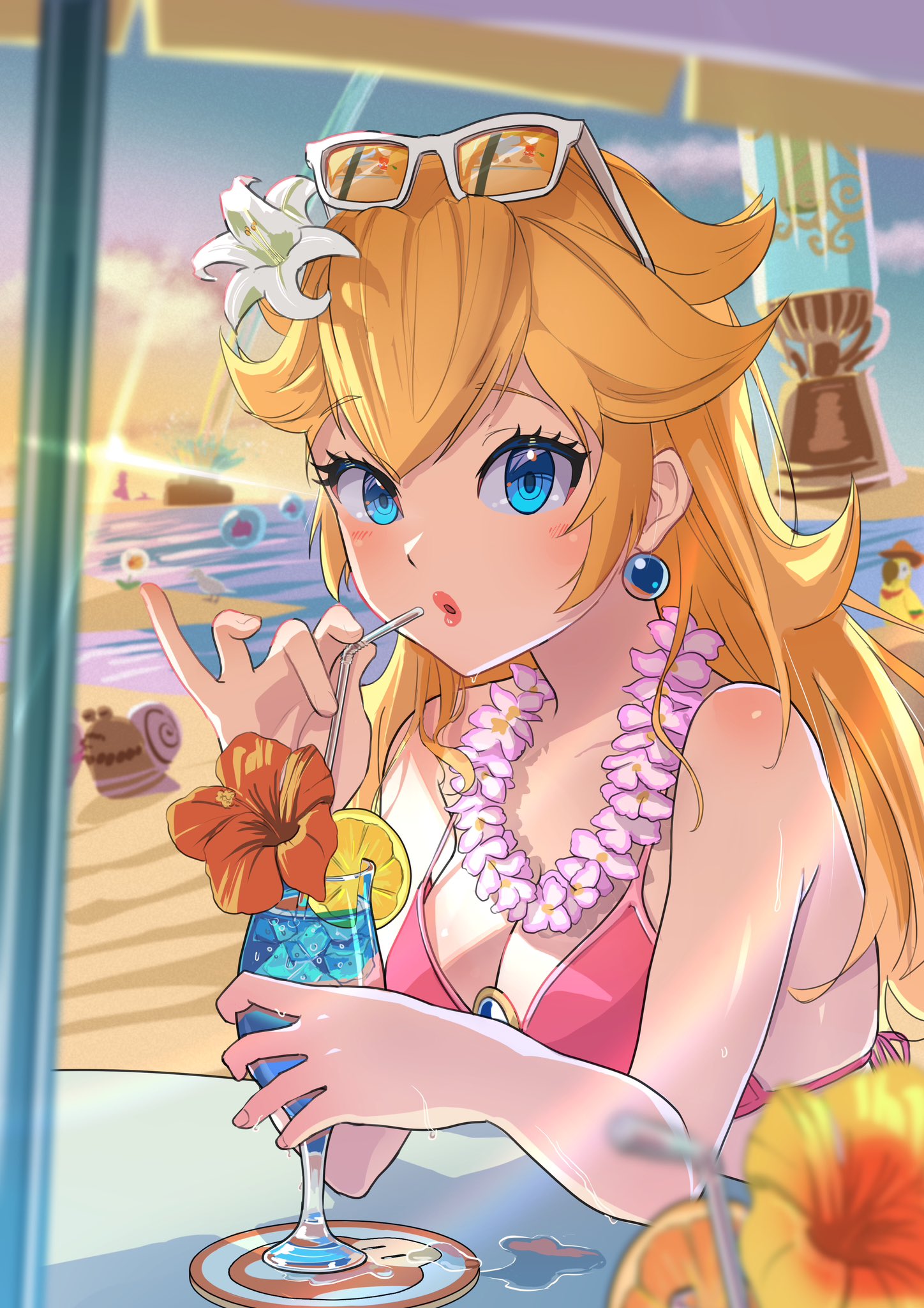 1girls, bikini, bird, blonde hair, blue eyes, breasts, bubblainian, cleavage, earrings, female, female only, flower, food, fruit, glasses, gushen, highres, jewelry, kurere1202, lemon, lemon slice, lips, long hair, mario (series), medium breasts, nintendo, ocean, princess peach, princess peach (swimwear), rocket flower (mario), sand, snail, sphere earrings, sunlight, super mario odyssey, swimsuit, table, talkatoo, water