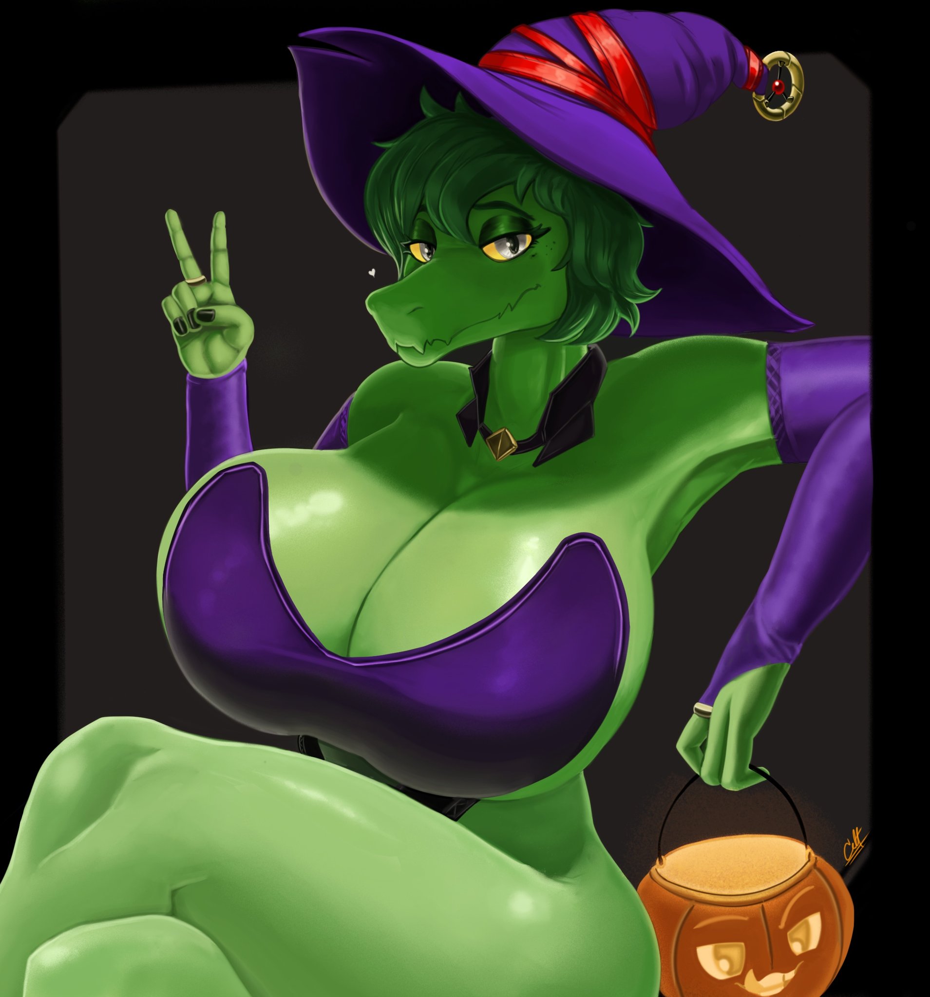 anthro, arm warmers, armwear, baryonyx, big breasts, breasts, cavemanon studios, cleavage, clothed, clothed anthro, clothed female, clothing, colored, curvy figure, detailed, digital drawing (artwork), digital media (artwork), dinosaur, female, female anthro, green body, green scales, hat, headgear, headwear, hi res, huge breasts, i wani hug that gator!, jack-o'-lantern, leotard, looking at viewer, mature anthro, mature female, non-mammal breasts, olivia halford, pose, prehistoric species, reptile, saurischian, scales, scalie, solo, spinosaurid, theropod, tight clothing, witch costume, witch hat, xzelt18