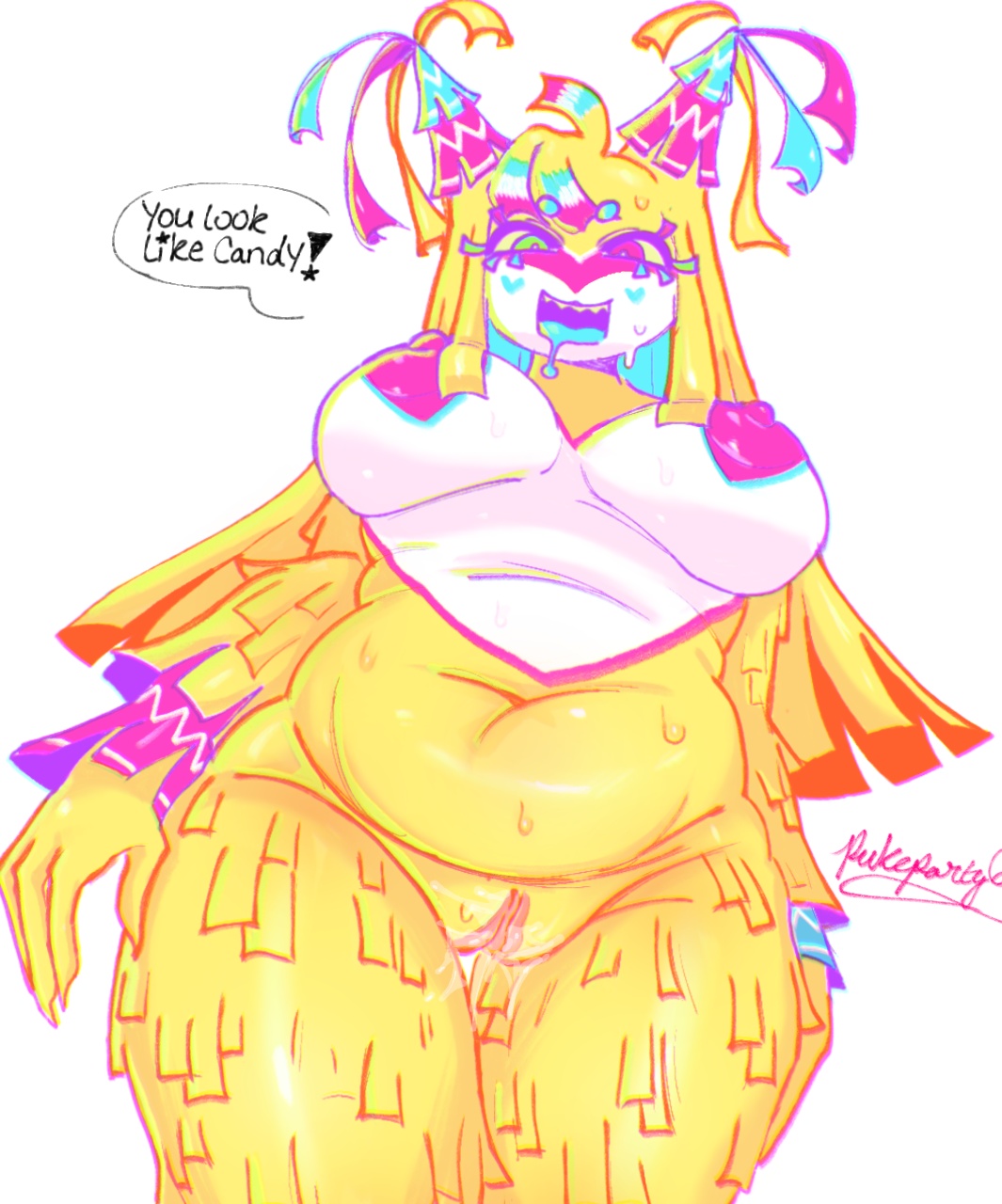 1girls, anthro, belly, big breasts, blushcrunch studio, breasts, chubby, chubby female, dandy's world, dandys world, drooling, huge breasts, large breasts, looking down, low-angle view, mouth drool, nipples, pinata, pukeparty, pussy, pussy juice, pussy juice drip, shiny skin, taller female, vagina, yatta (dandy's world)