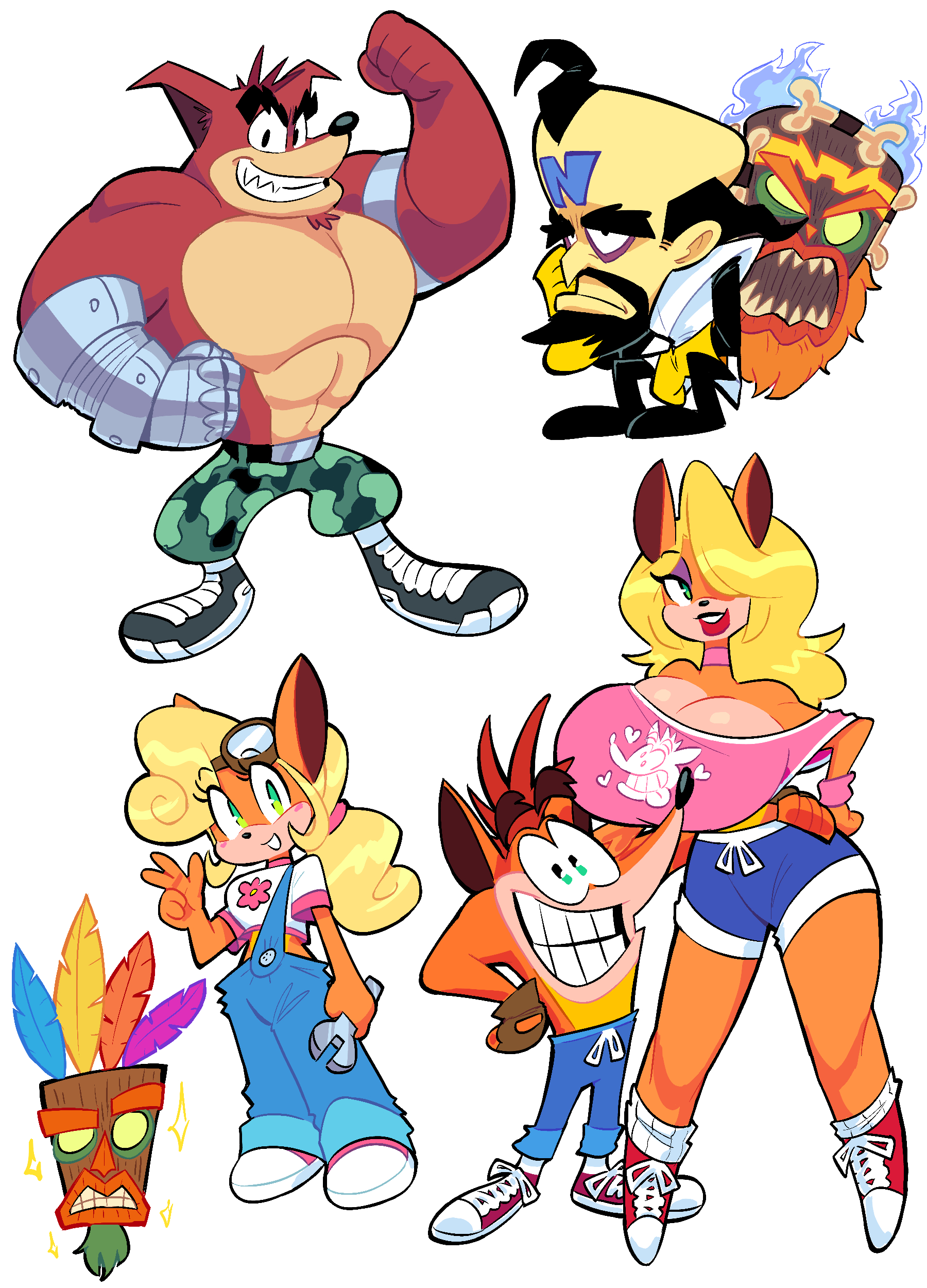 2girls, aku aku, anthro, bandicoot, coco bandicoot, crash (series), crash bandicoot, crunch bandicoot, doctor neo cortex, female, furry, huge breasts, ilikestuffdoyou, tawna bandicoot, theguywhodrawsalot, uka uka