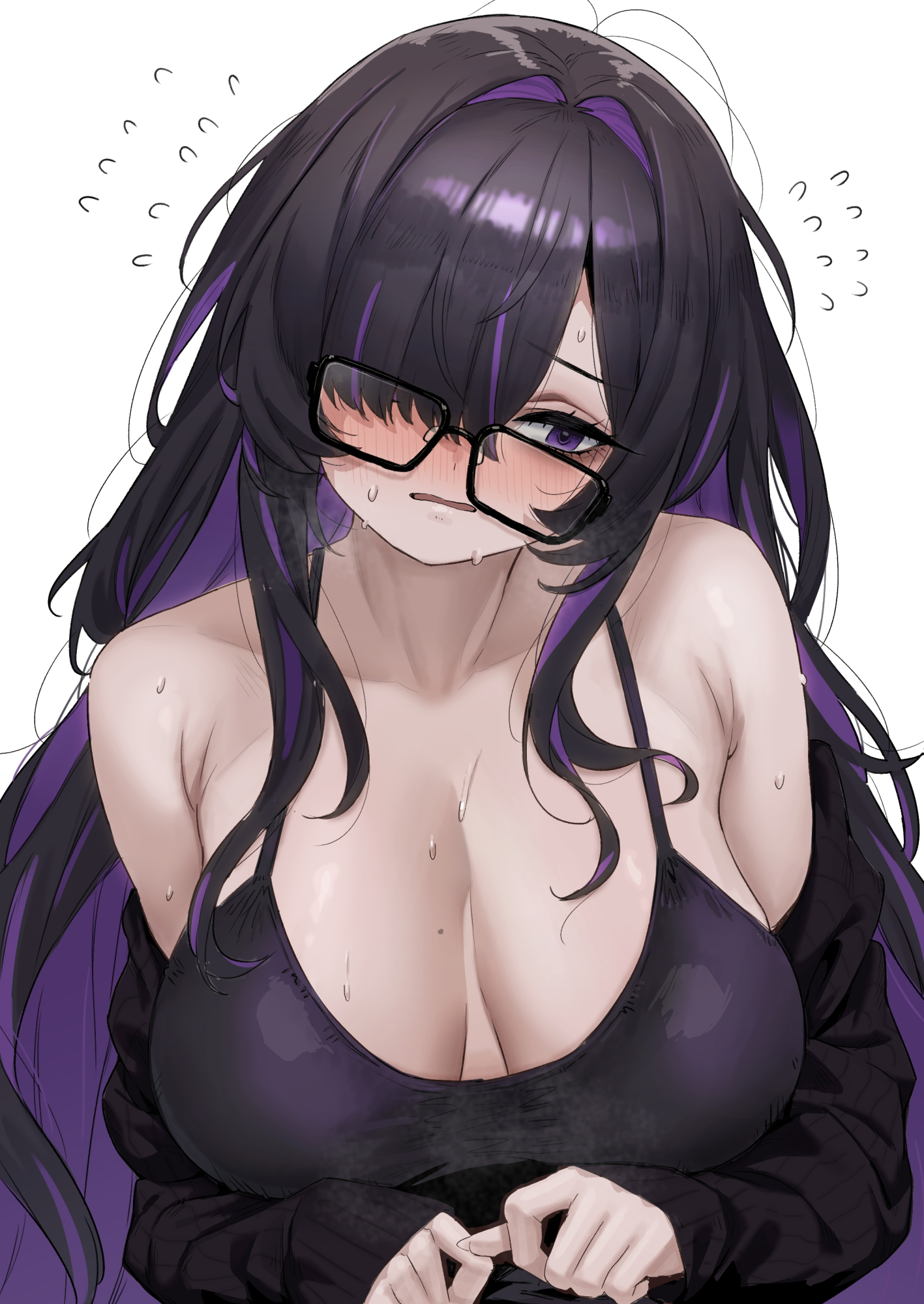 bare shoulders, black camisole, black cardigan, black hair, blush, breasts, camisole, cardigan, commentary request, eyelashes, female, female only, flying sweatdrops, glasses, goddess of victory: nikke, hair between eyes, hair over one eye, highres, label (nikke), large breasts, long hair, long sleeves, messy hair, mole, mole on breast, multicolored hair, off shoulder, parted lips, purple eyes, purple hair, simple background, sleeves past wrists, solo, streaked hair, sweat, upper body, very long hair, white background, whoosaku