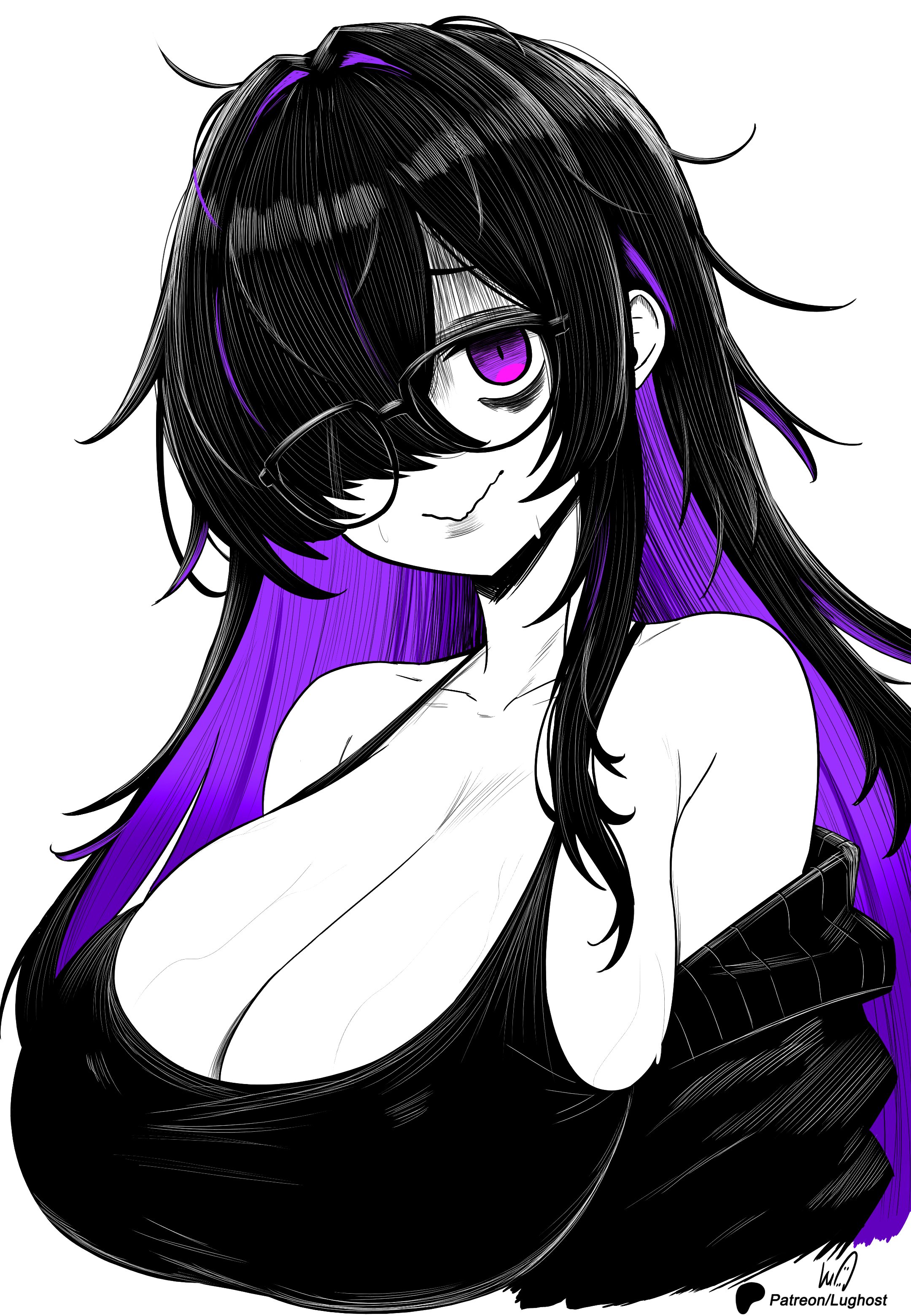 1girls, absurdres, black hair, black jacket, breasts, colored inner hair, commentary, english commentary, female, female only, glasses, goddess of victory: nikke, hair over eyes, highres, jacket, label (nikke), large breasts, long hair, lughost, multicolored hair, nervous smile, one eye covered, purple eyes, purple hair, smile, upper body, veins, veiny breasts